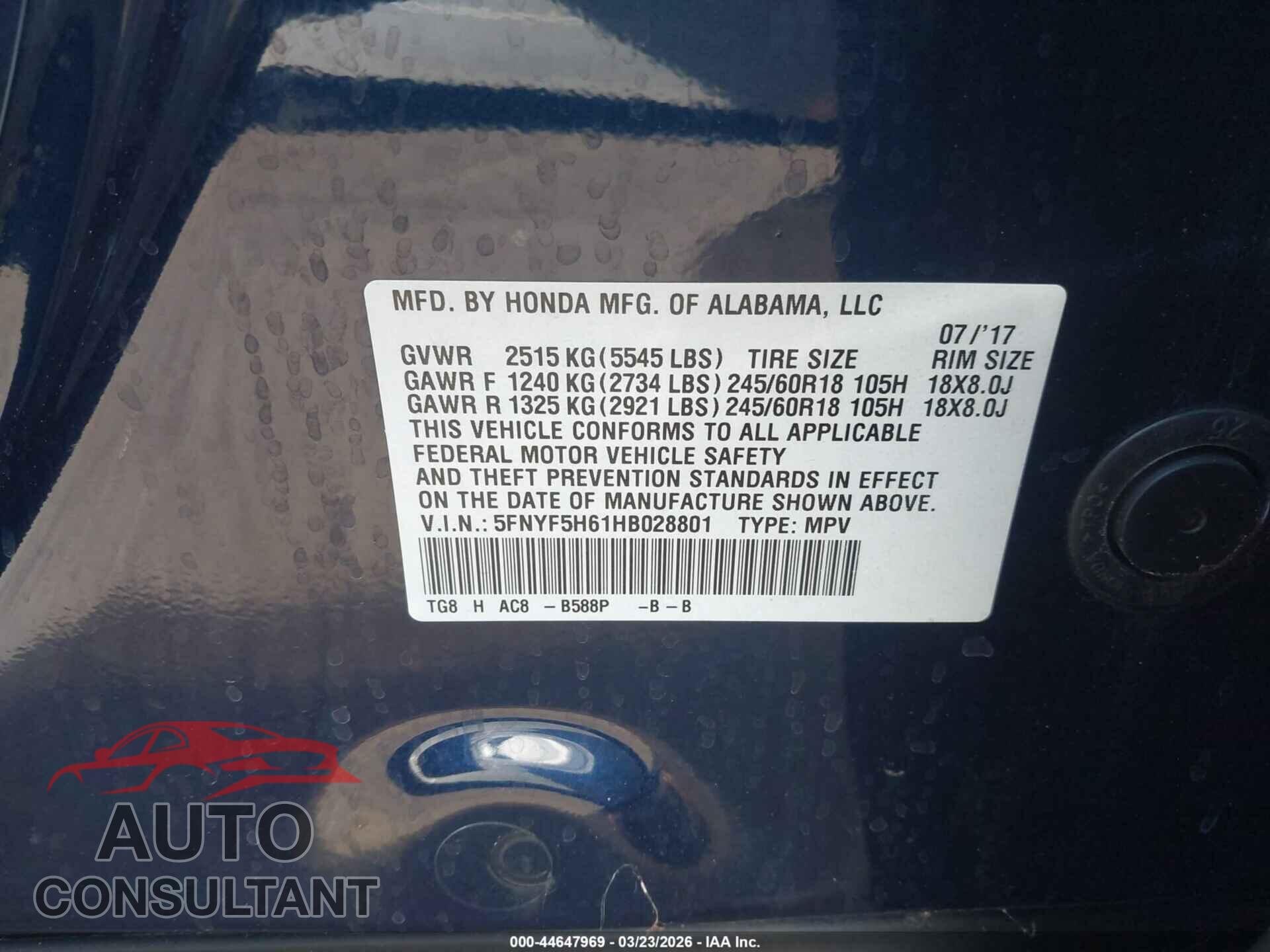 HONDA PILOT 2017 - 5FNYF5H61HB028801