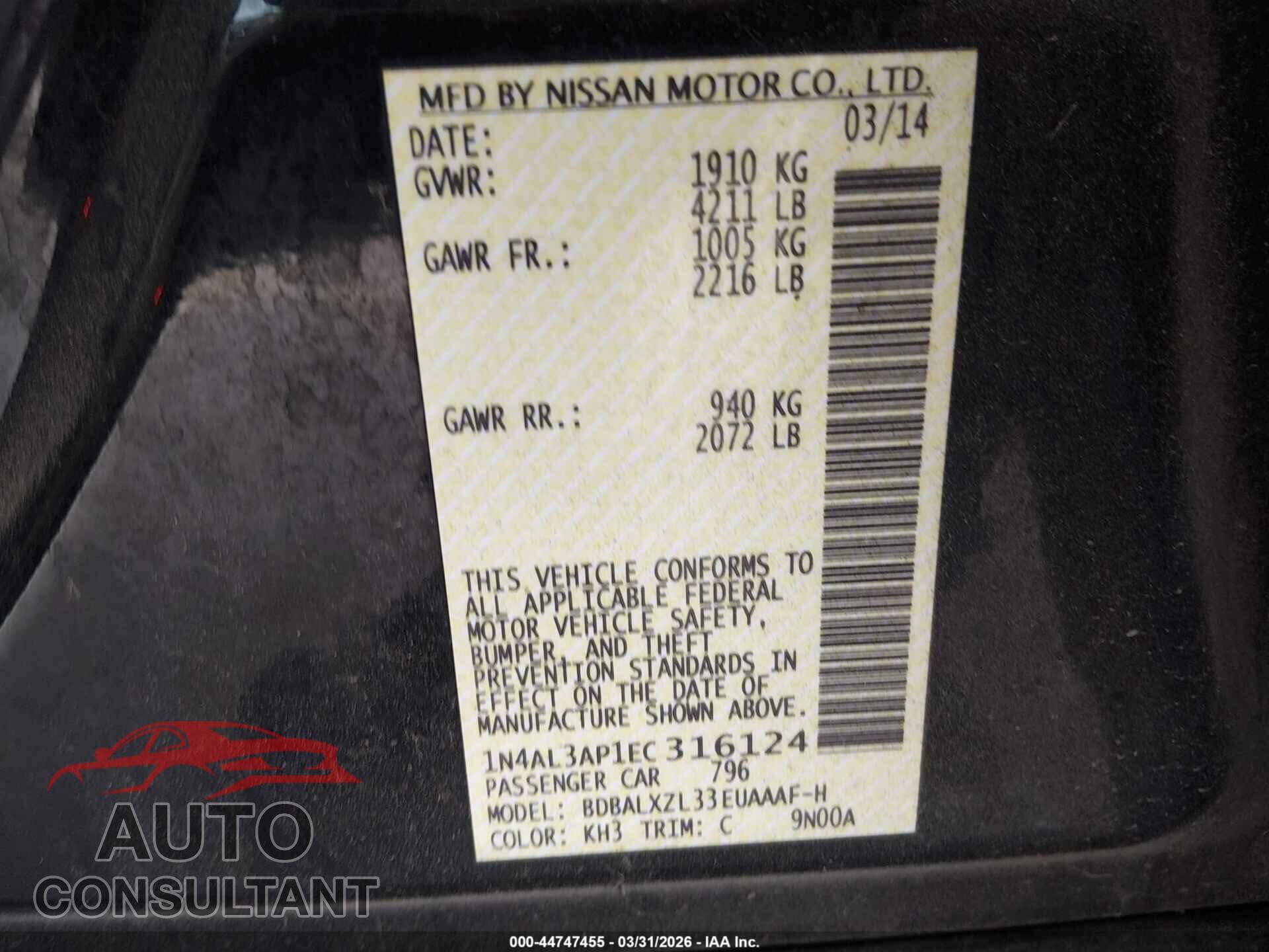 NISSAN ALTIMA 2014 - 1N4AL3AP1EC316124