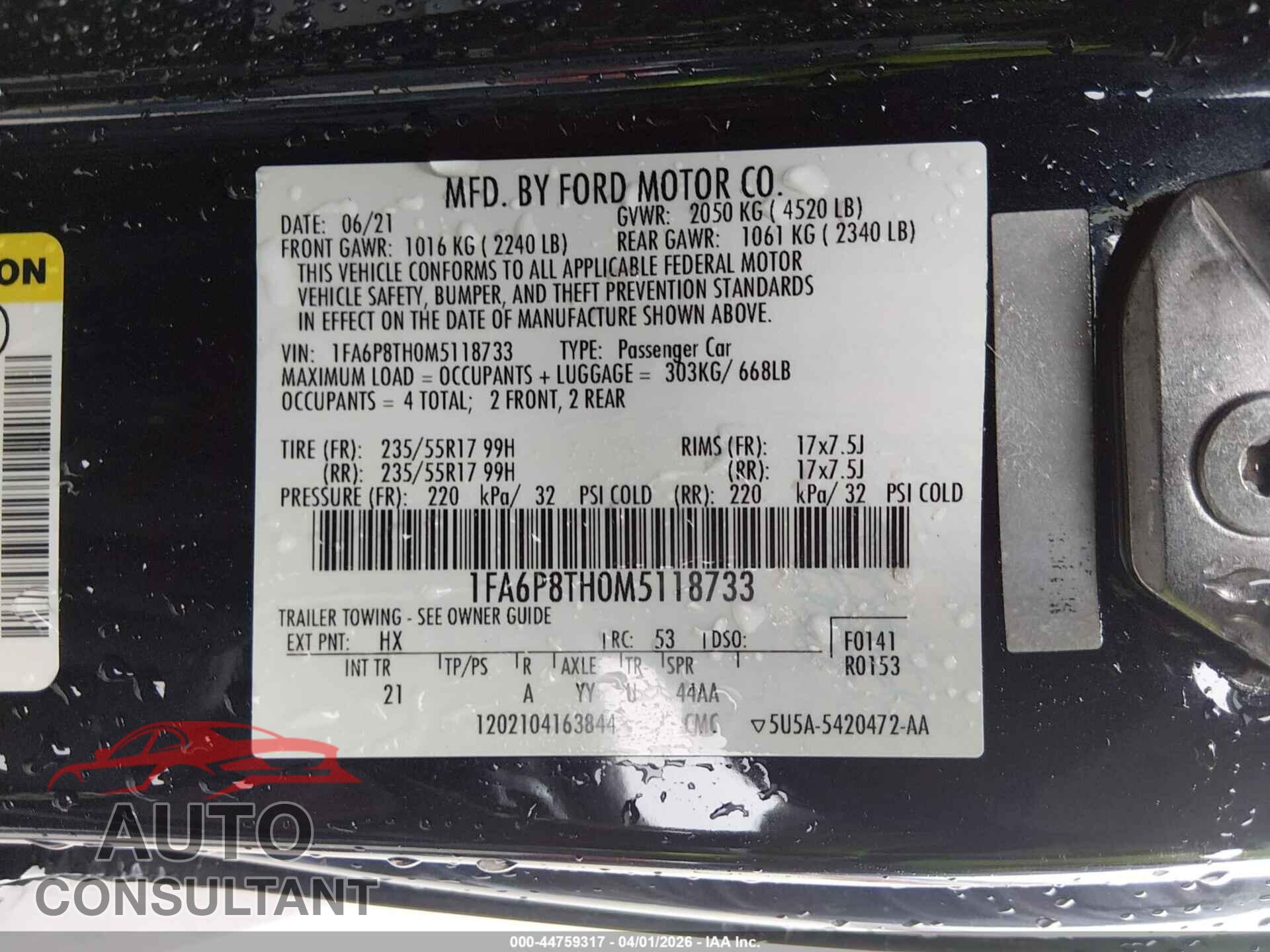 FORD MUSTANG 2021 - 1FA6P8TH0M5118733