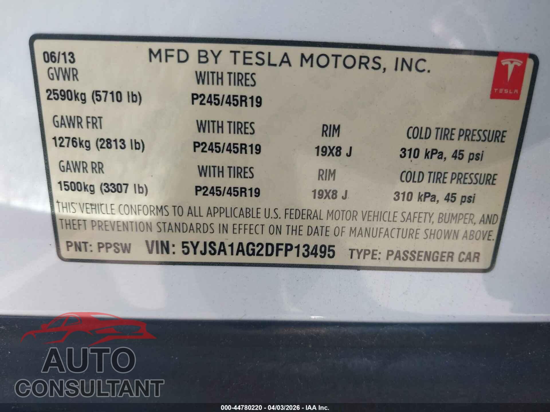 TESLA MODEL S 2013 - 5YJSA1AG2DFP13495