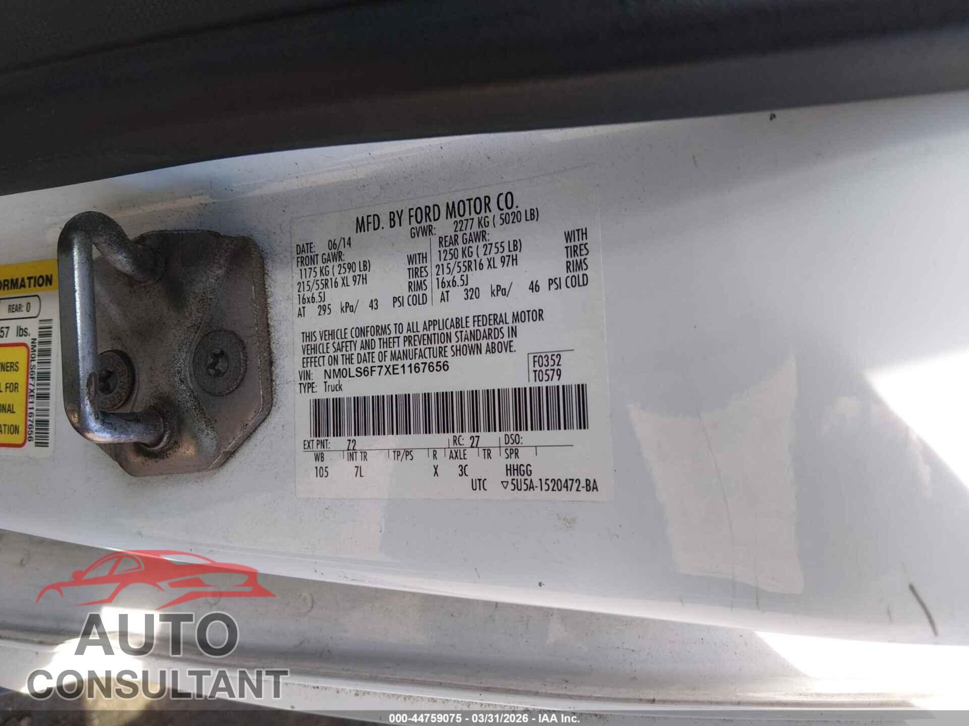 FORD TRANSIT CONNECT 2014 - NM0LS6F7XE1167656