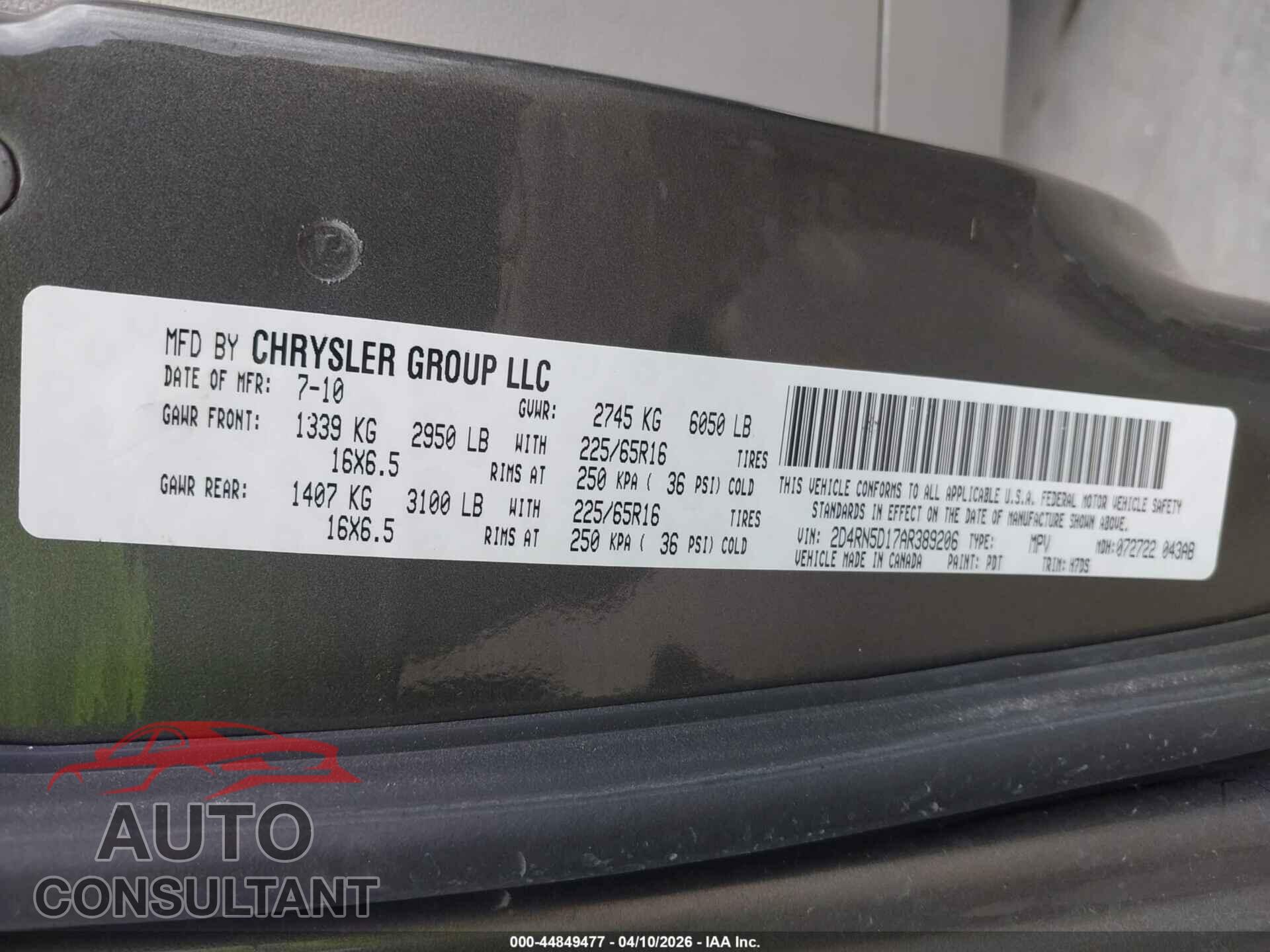 DODGE GRAND CARAVAN 2010 - 2D4RN5D17AR389206