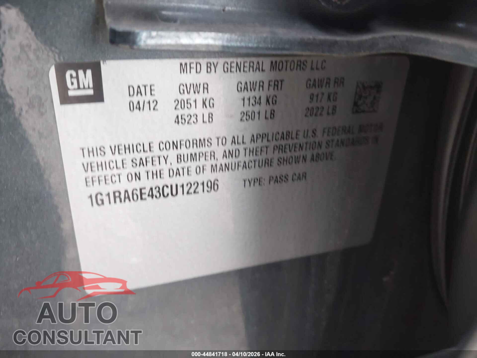 CHEVROLET VOLT 2012 - 1G1RA6E43CU122196