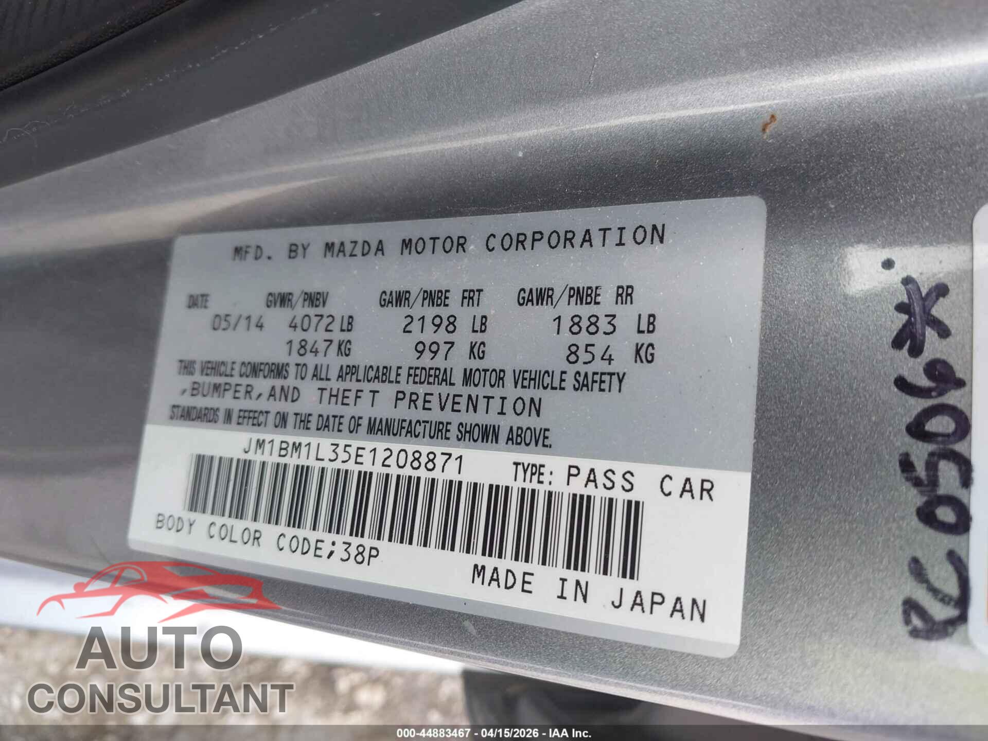 MAZDA MAZDA3 2014 - JM1BM1L35E1208871