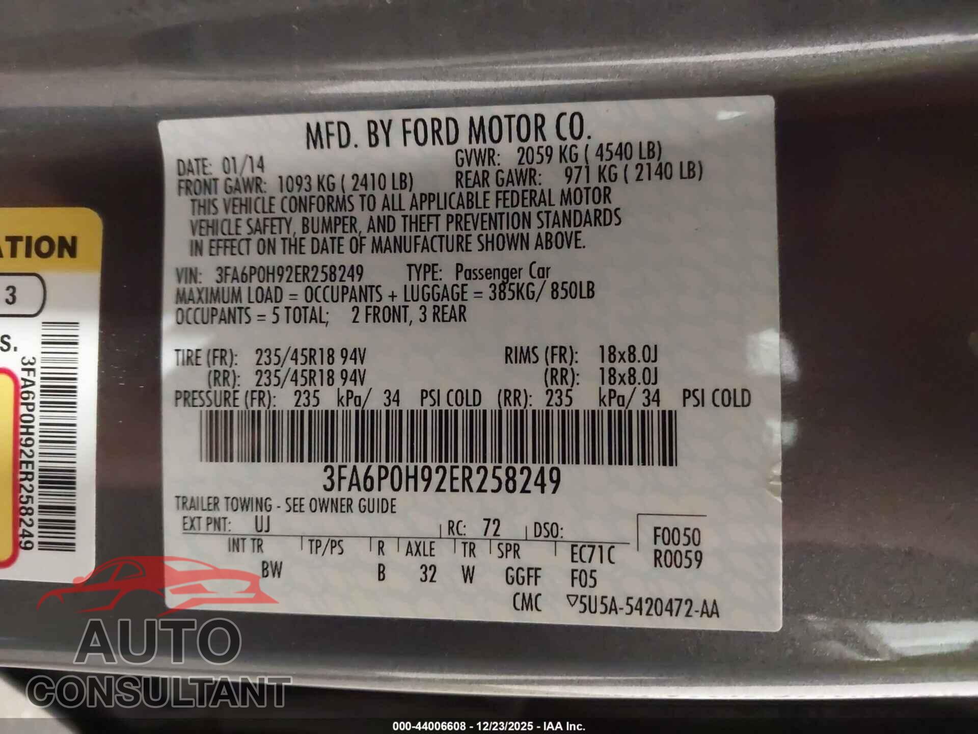 FORD FUSION 2014 - 3FA6P0H92ER258249