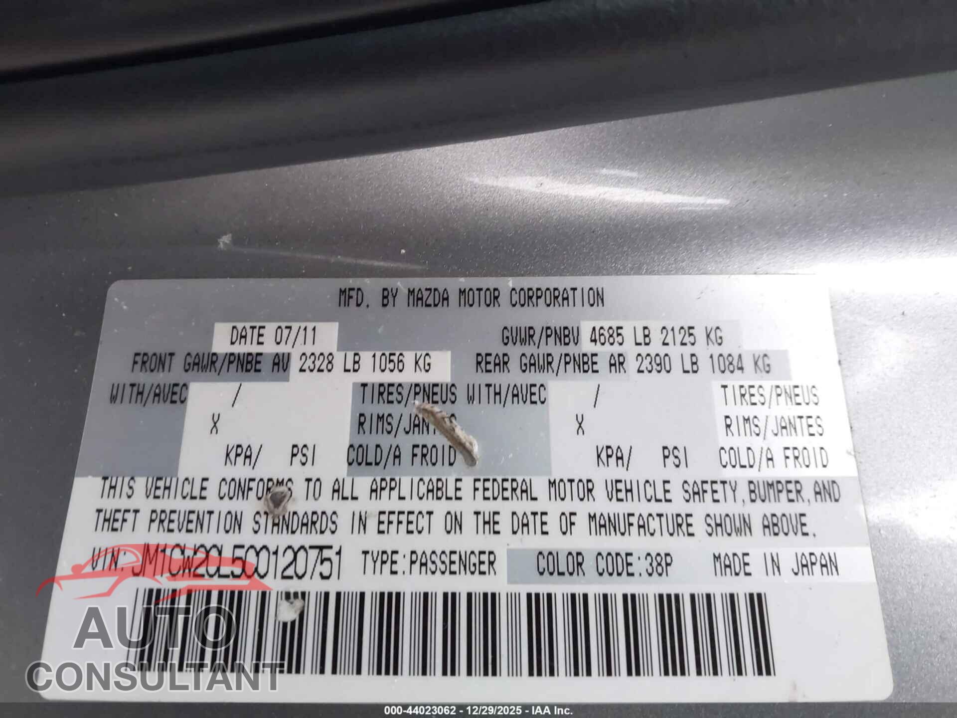 MAZDA MAZDA5 2012 - JM1CW2CL5C0120751