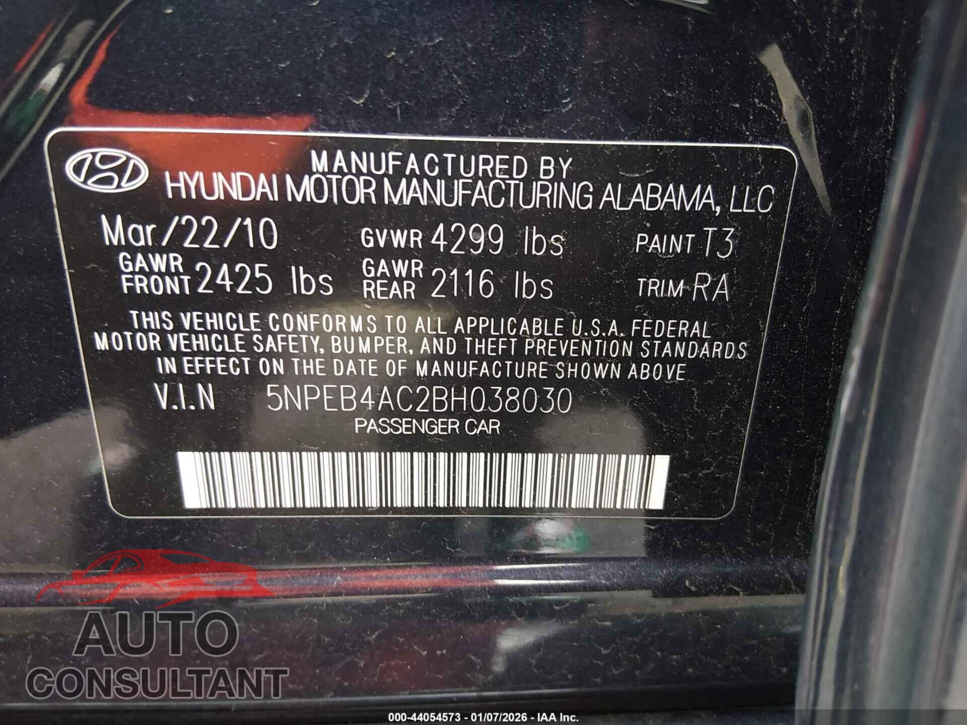 HYUNDAI SONATA 2011 - 5NPEB4AC2BH038030
