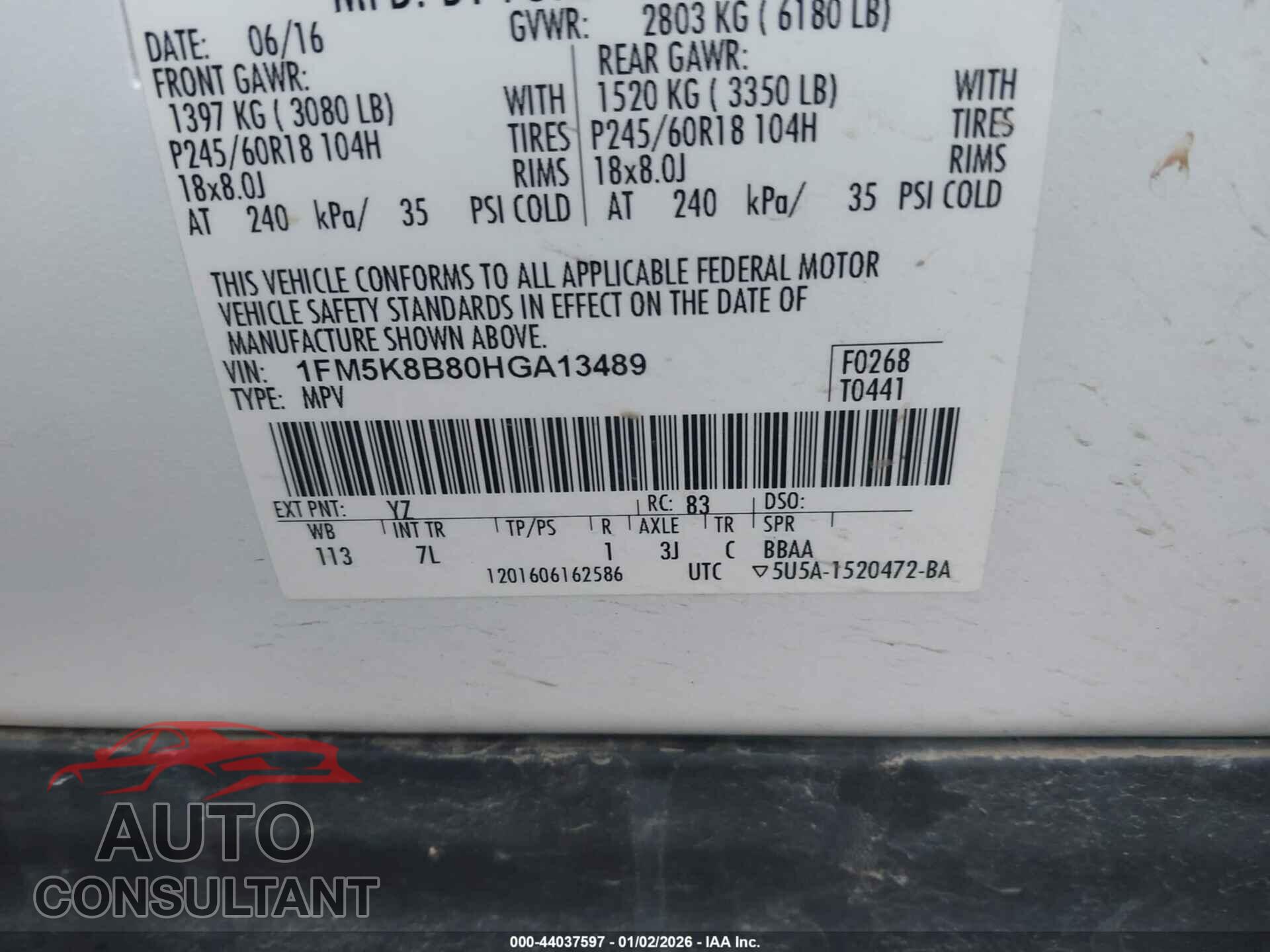 FORD EXPLORER 2017 - 1FM5K8B80HGA13489