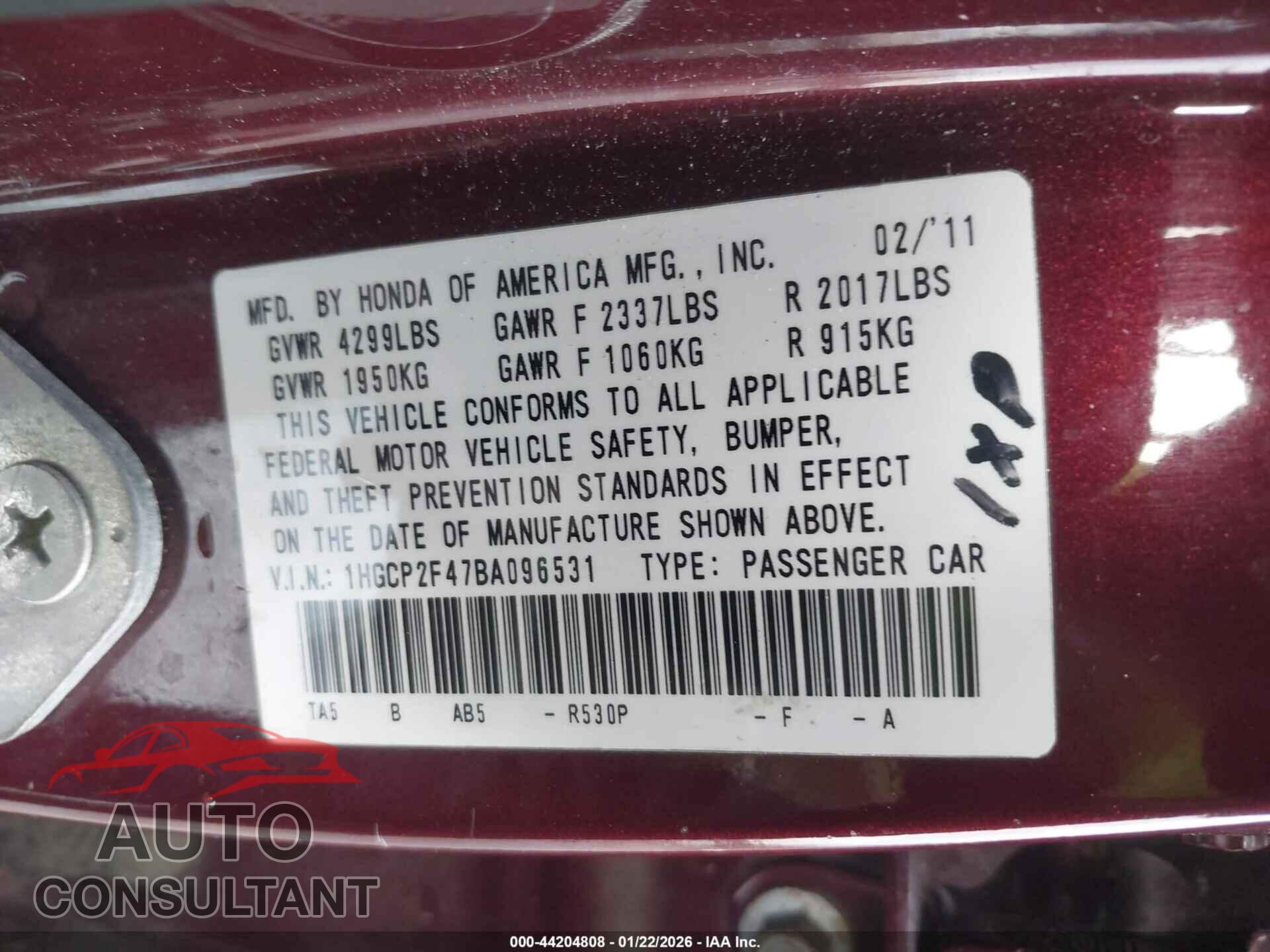 HONDA ACCORD 2011 - 1HGCP2F47BA096531