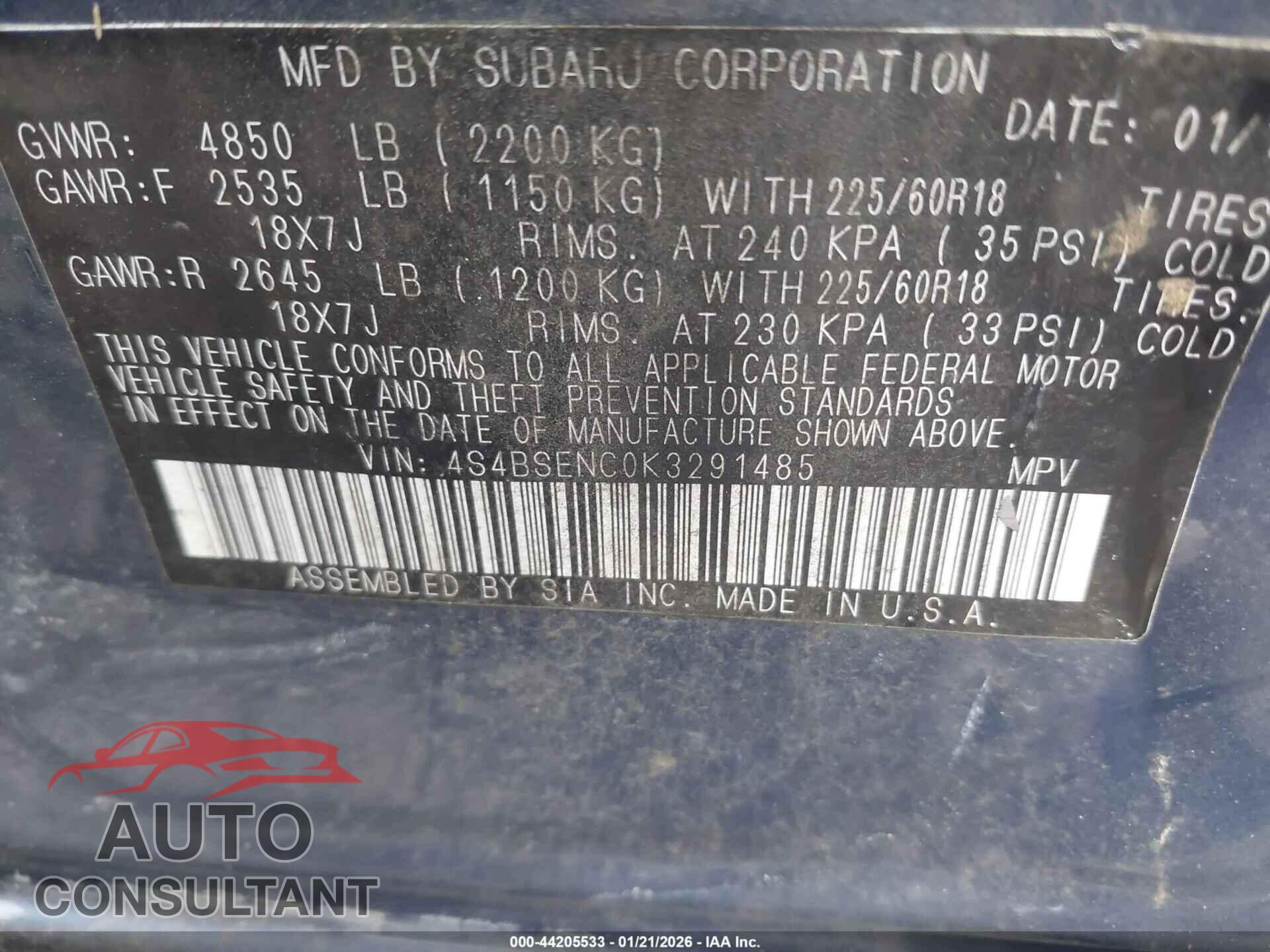 SUBARU OUTBACK 2019 - 4S4BSENCOK3291485