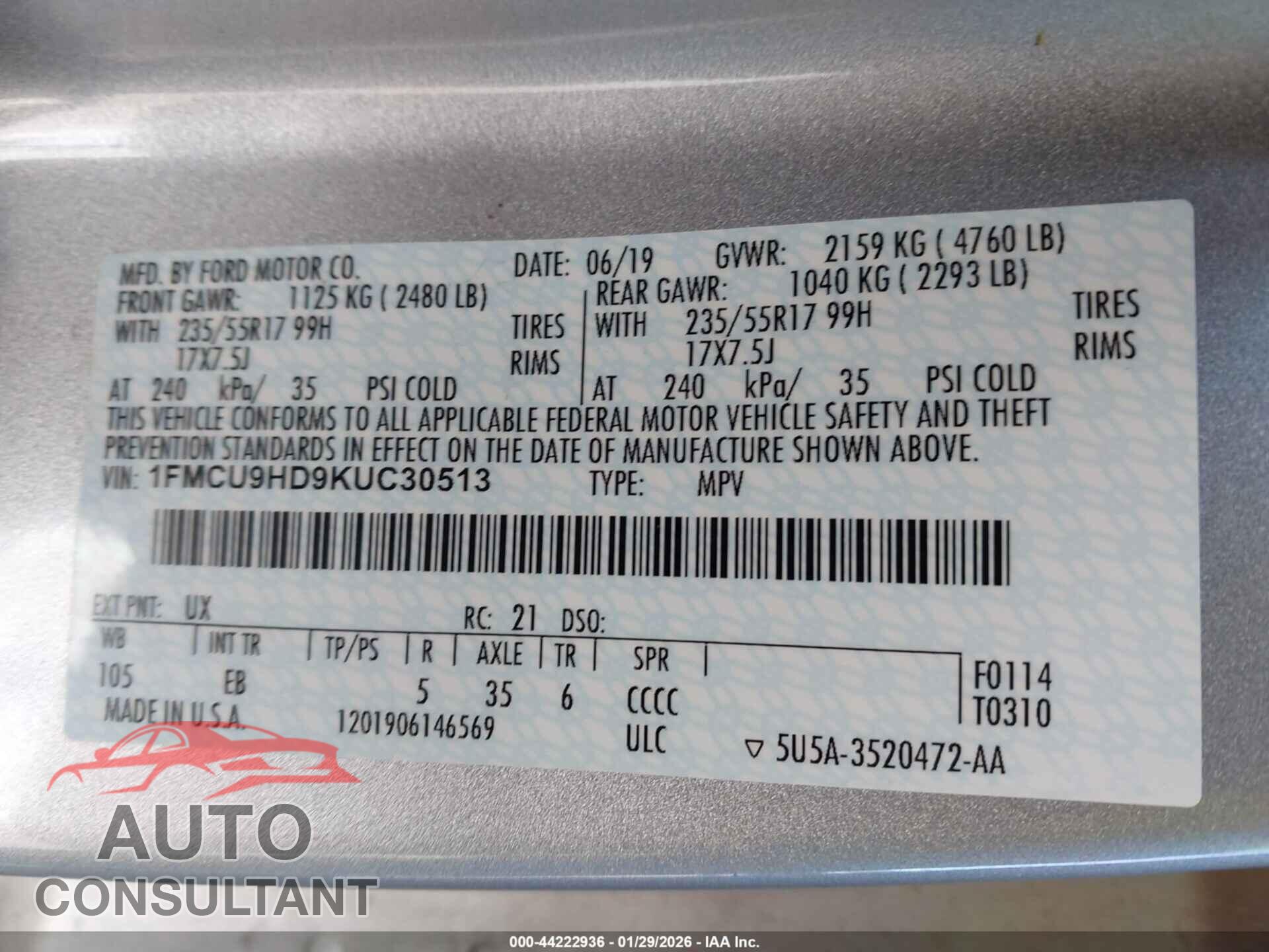 FORD ESCAPE 2019 - 1FMCU9HD9KUC30513
