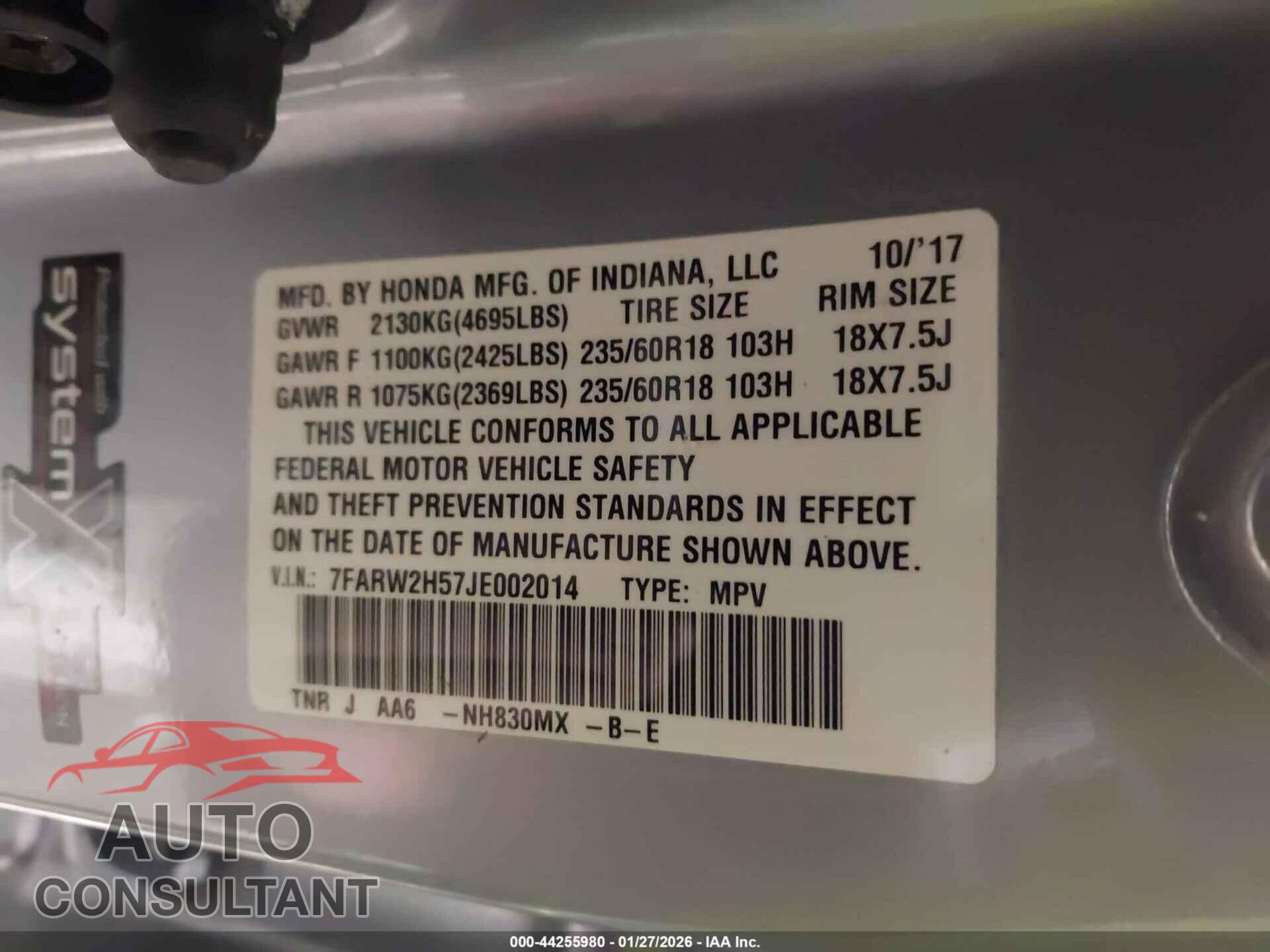 HONDA CR-V 2018 - 7FARW2H57JE002014