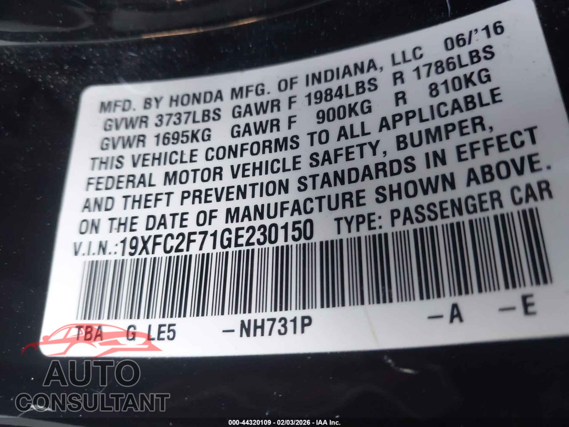 HONDA CIVIC 2016 - 19XFC2F71GE230150