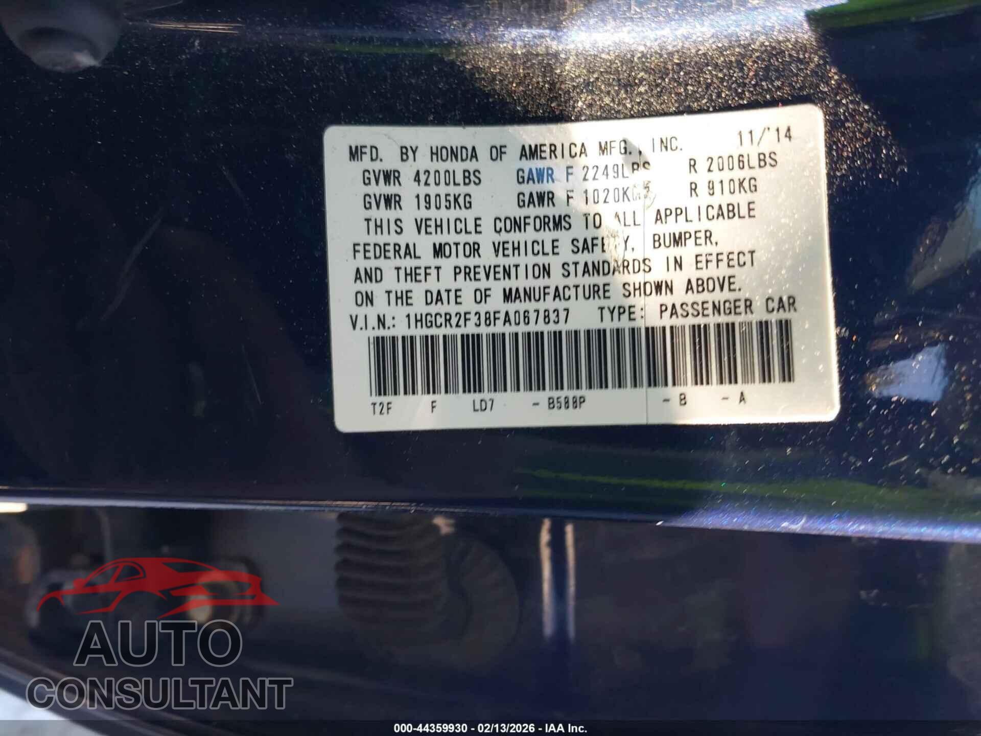 HONDA ACCORD 2015 - 1HGCR2F38FA067837