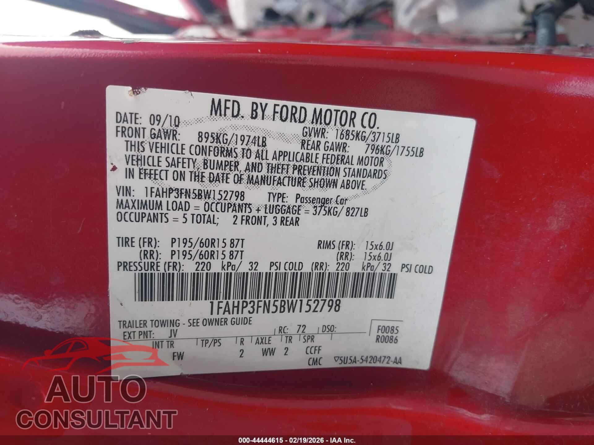 FORD FOCUS 2011 - 1FAHP3FN5BW152798