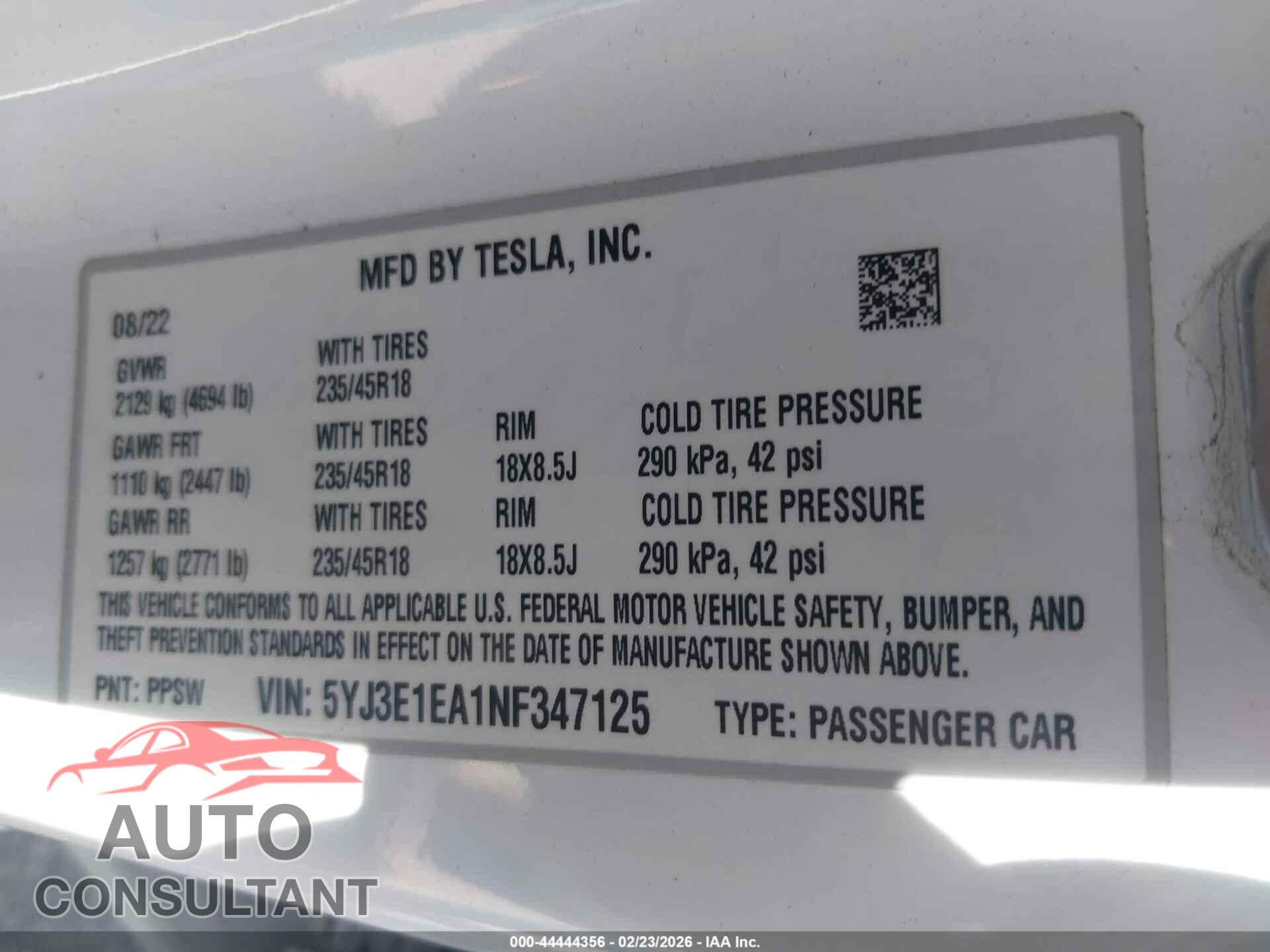 TESLA MODEL 3 2022 - 5YJ3E1EA1NF347125