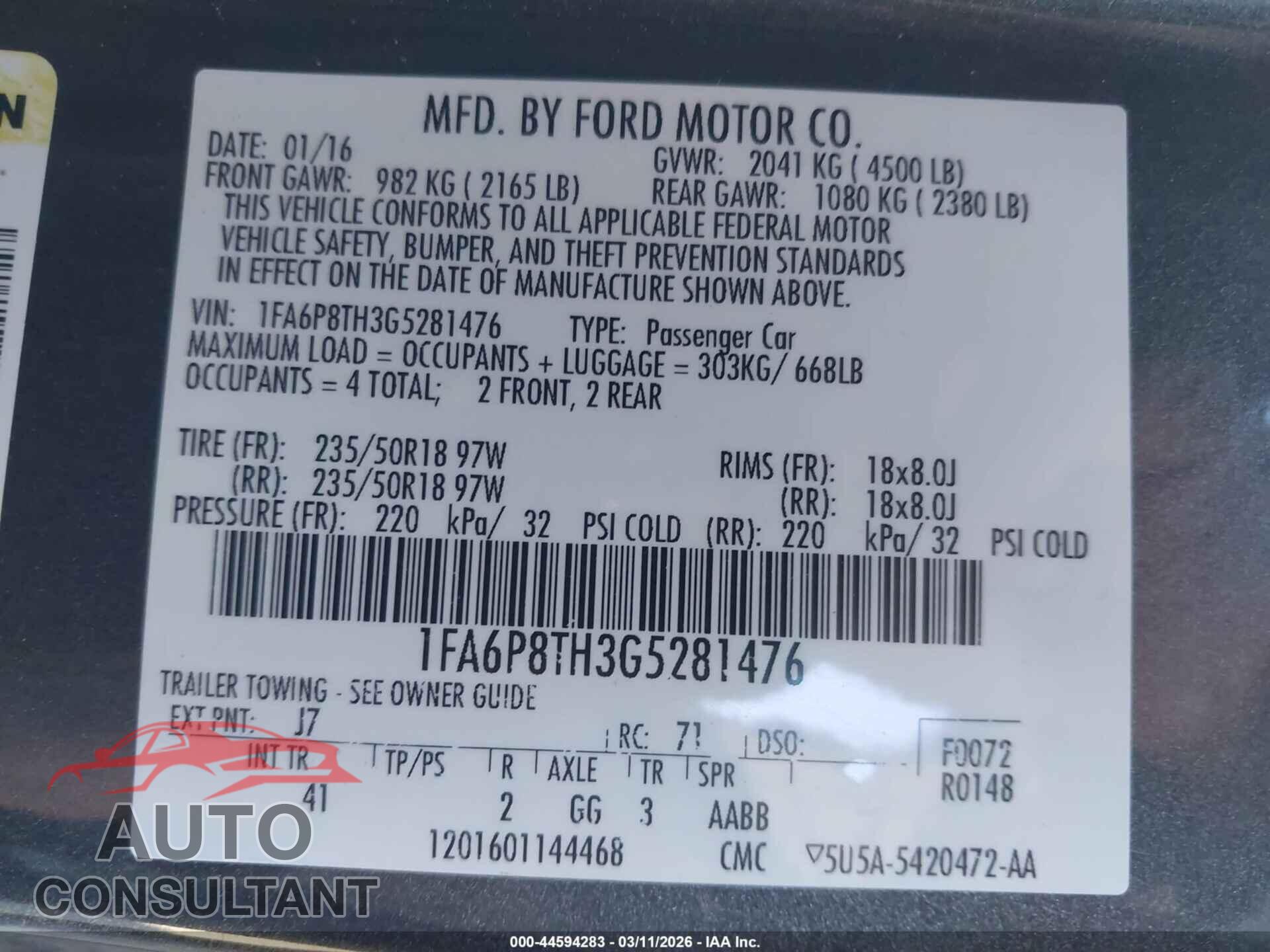 FORD MUSTANG 2016 - 1FA6P8TH3G5281476