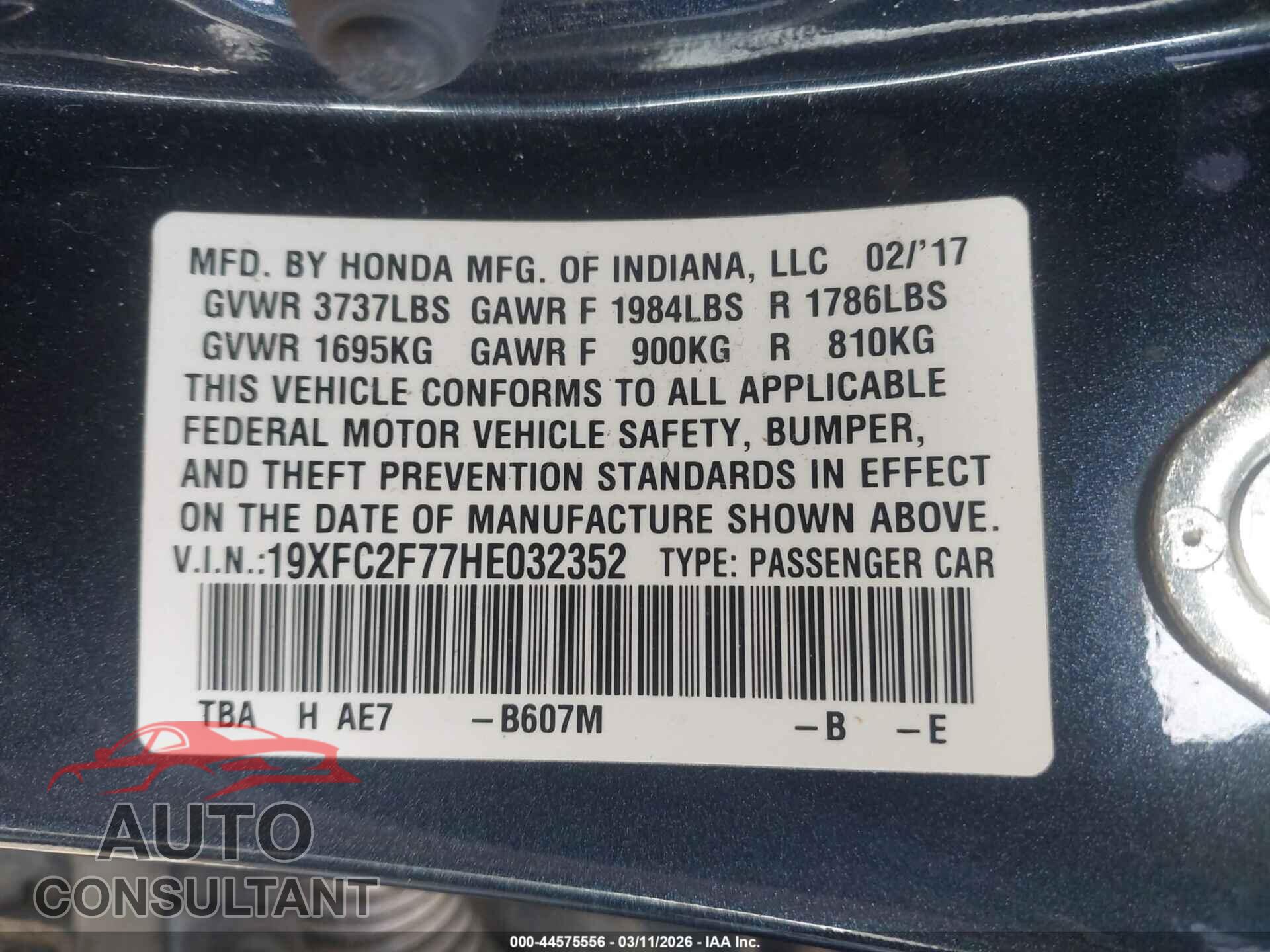 HONDA CIVIC 2017 - 19XFC2F77HE032352