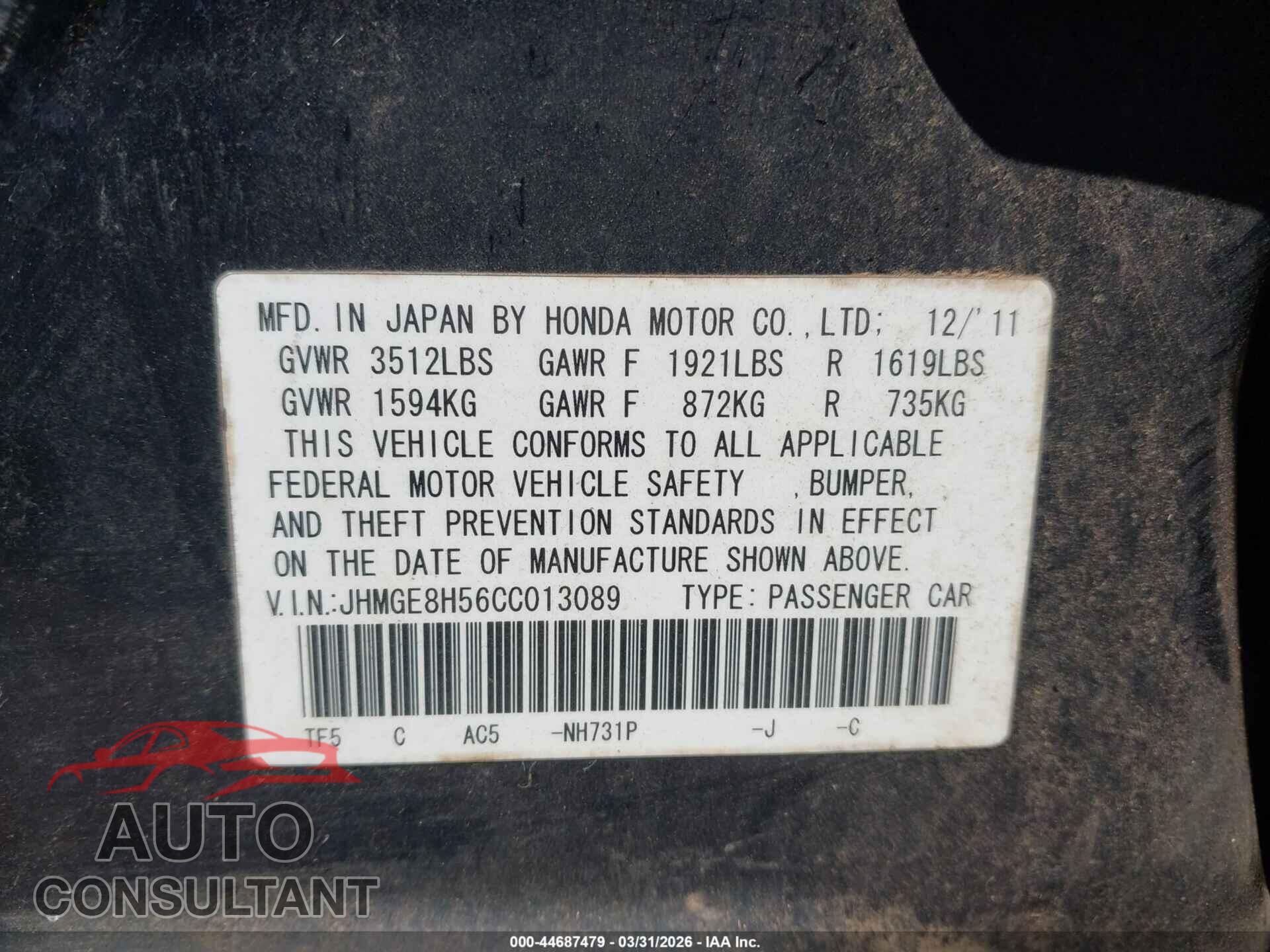 HONDA FIT 2012 - JHMGE8H56CC013089
