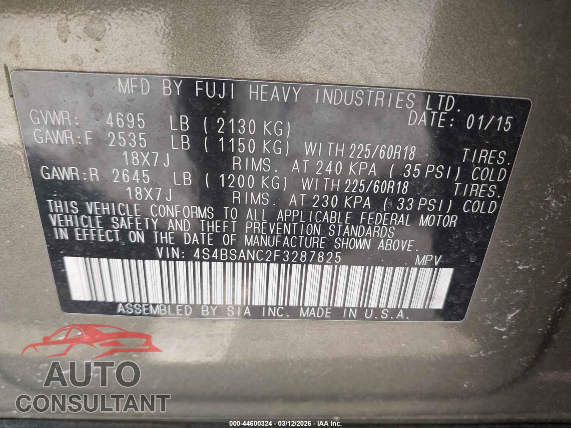 SUBARU OUTBACK 2015 - 4S4BSANC2F3287825