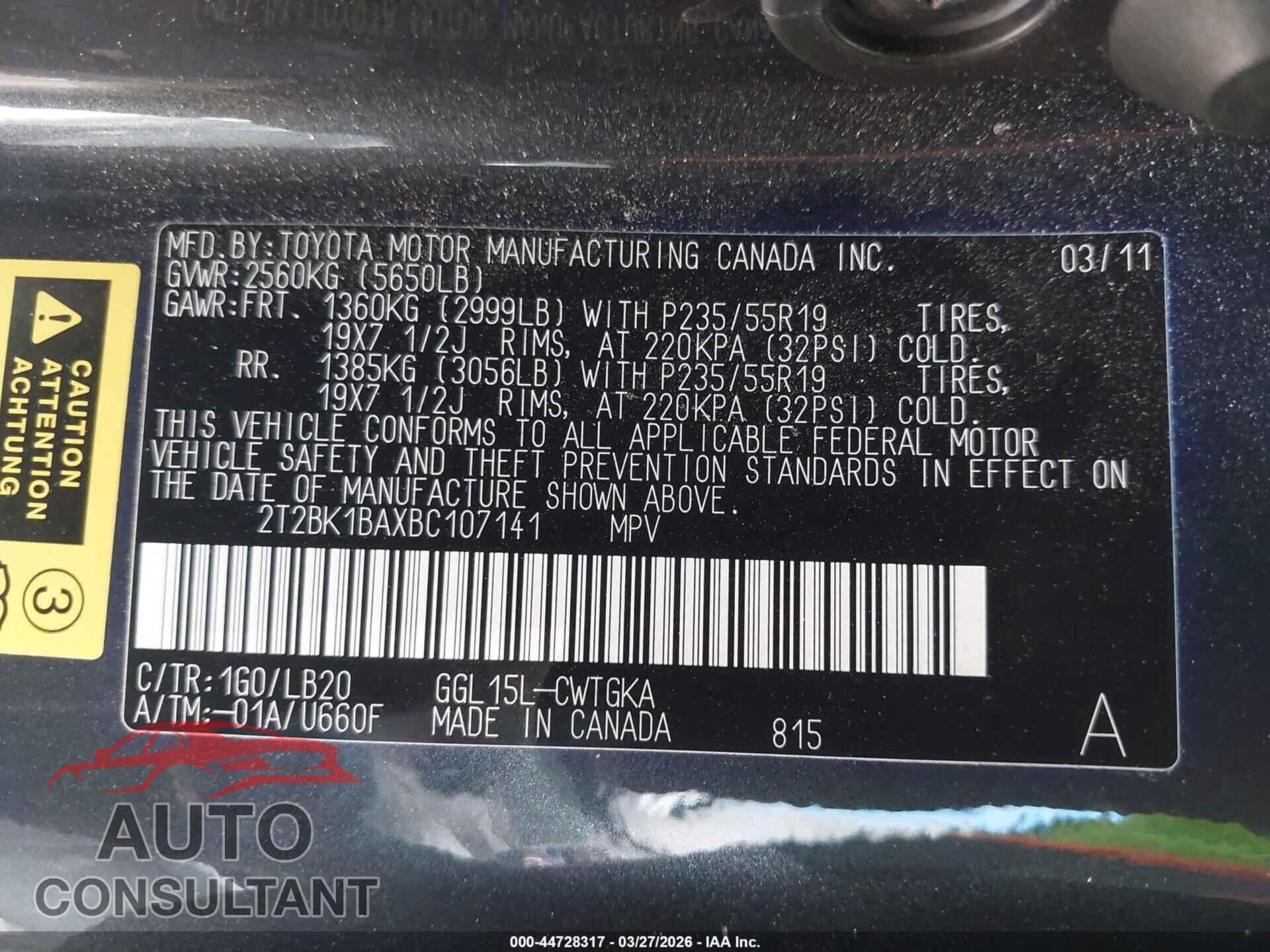 LEXUS RX 350 2011 - 2T2BK1BAXBC107141