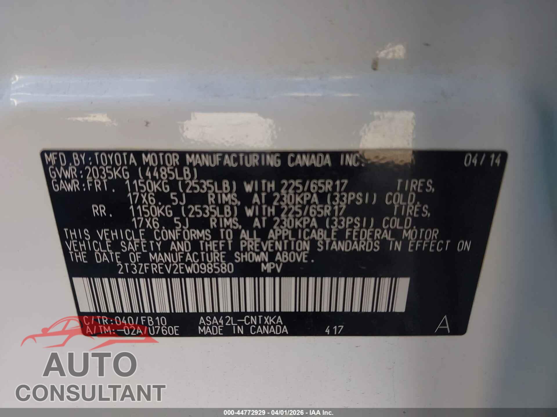 TOYOTA RAV4 2014 - 2T3ZFREV2EW098580