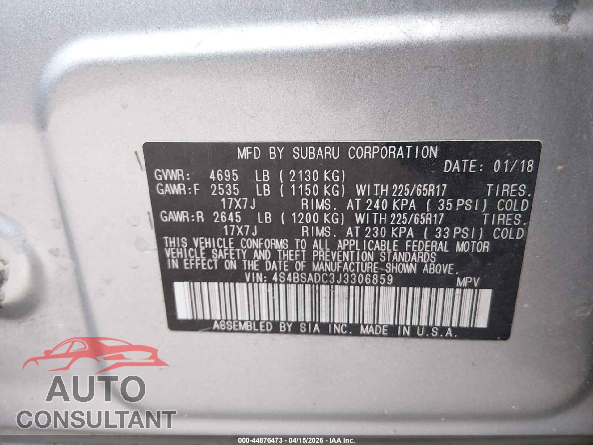 SUBARU OUTBACK 2018 - 4S4BSADC3J3306859