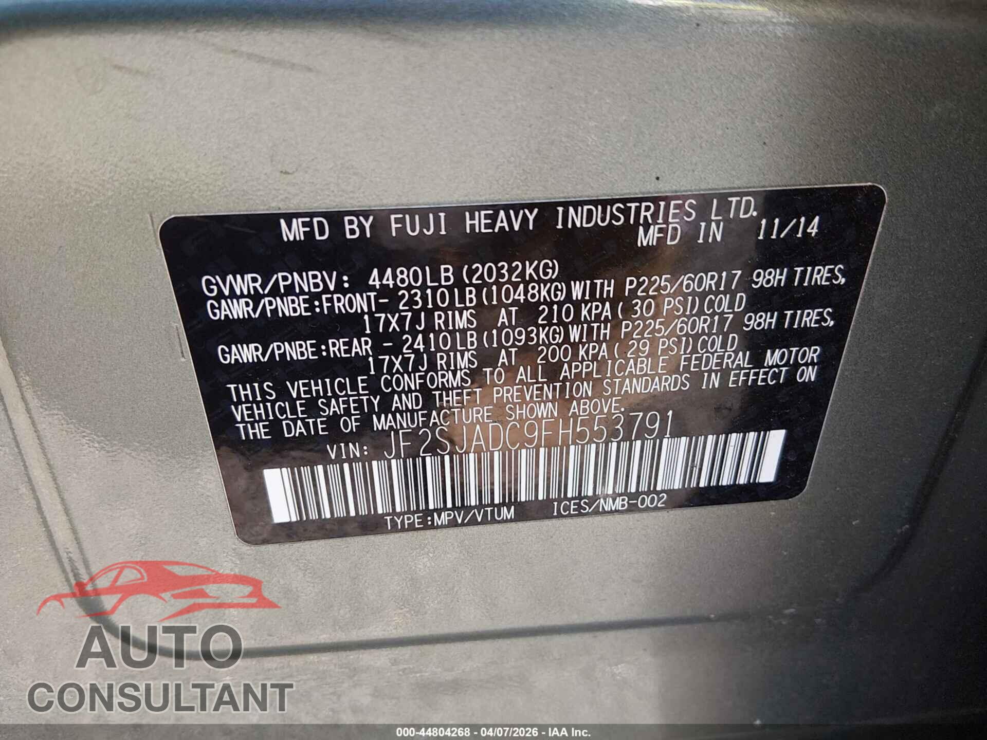 SUBARU FORESTER 2015 - JF2SJADC9FH553791