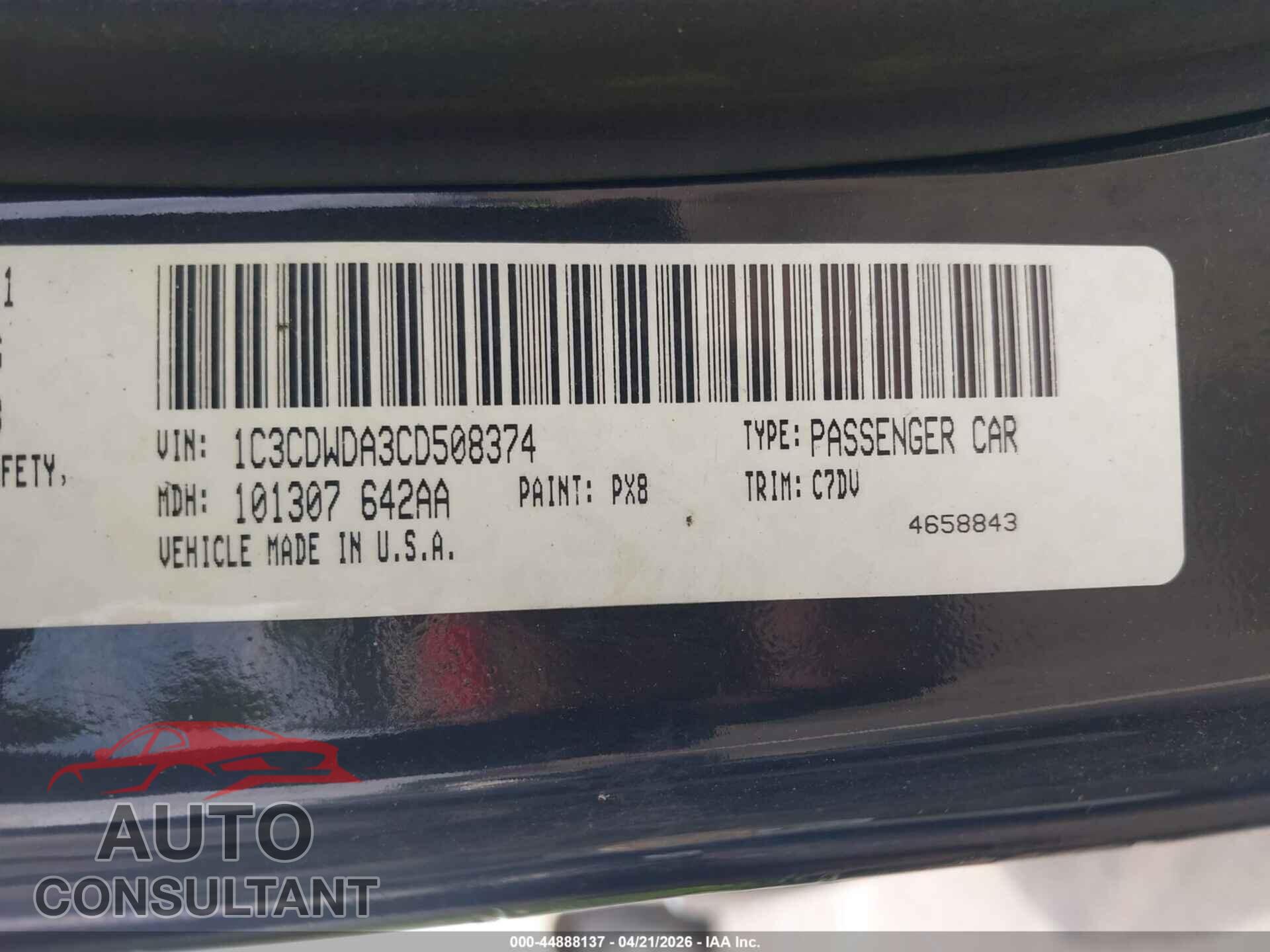 DODGE CALIBER 2012 - 1C3CDWDA3CD508374