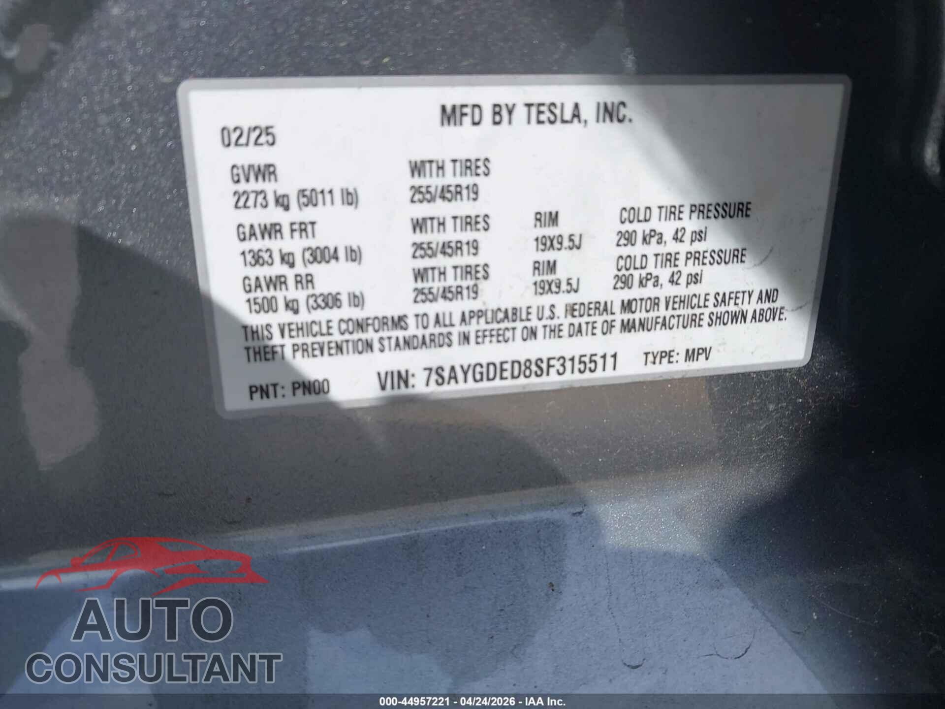 TESLA MODEL Y 2025 - 7SAYGDED8SF315511