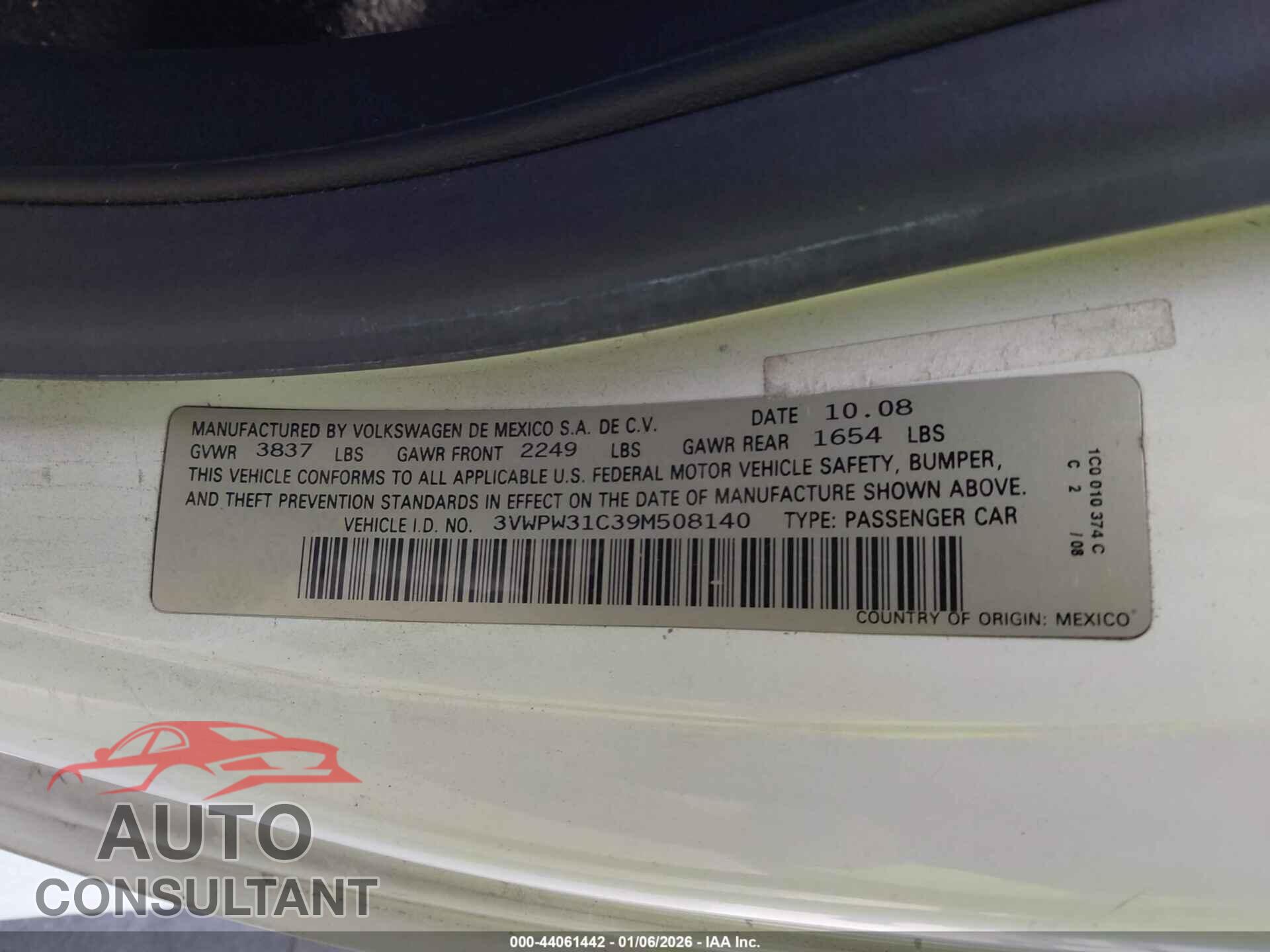 VOLKSWAGEN NEW BEETLE 2009 - 3VWPW31C39M508140