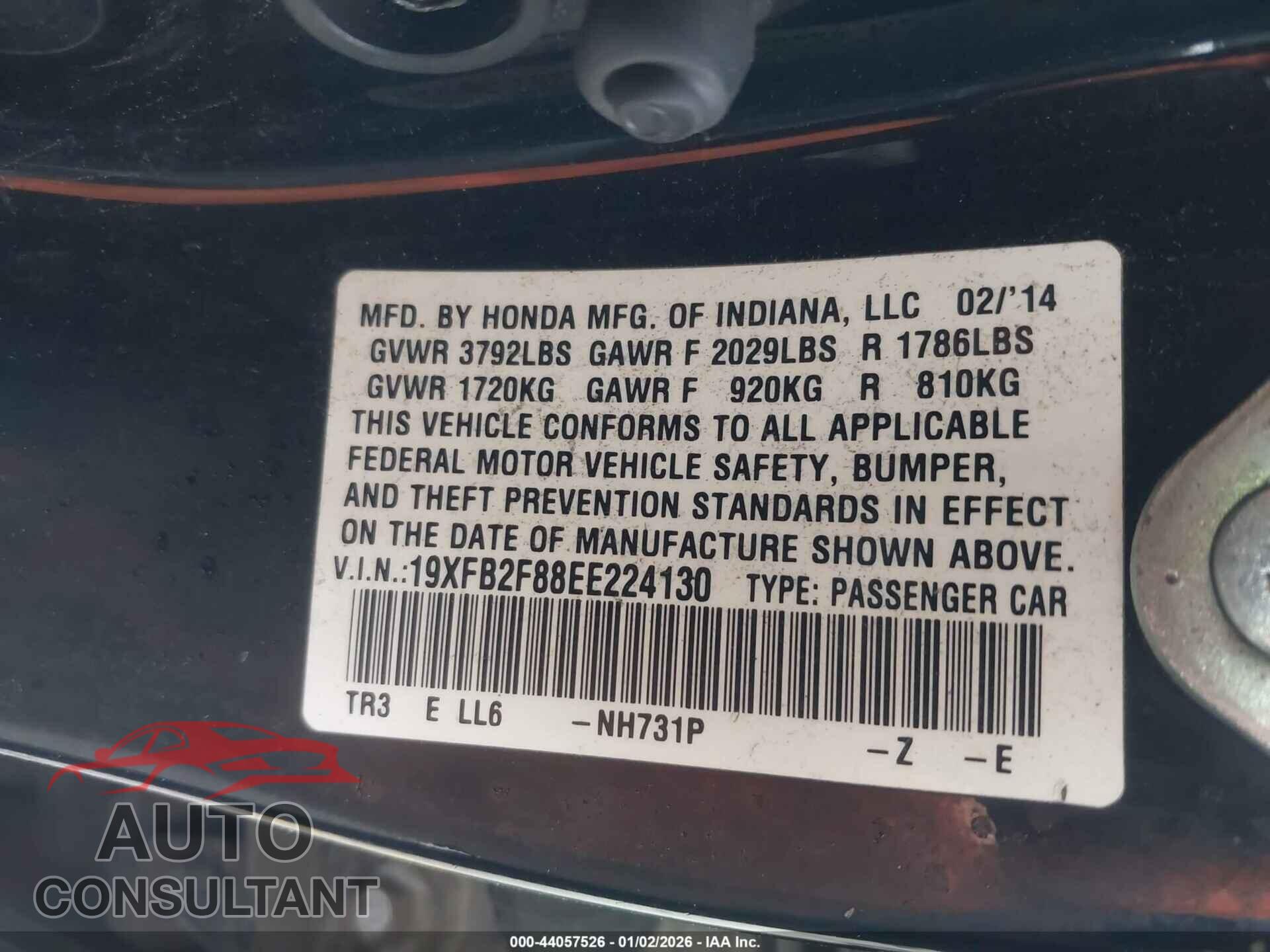 HONDA CIVIC 2014 - 19XFB2F88EE224130