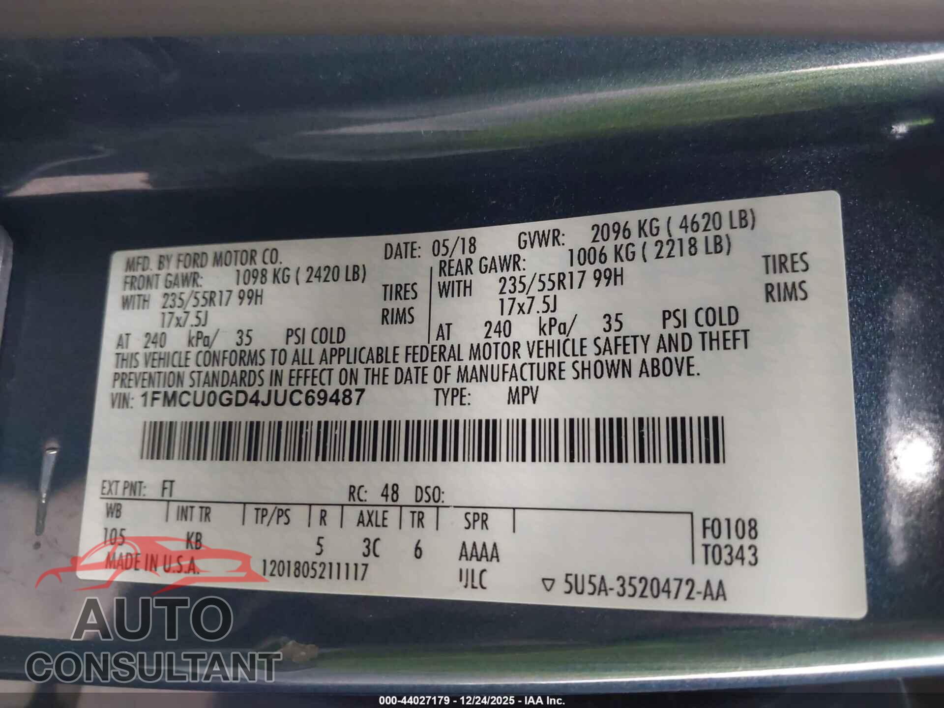 FORD ESCAPE 2018 - 1FMCU0GD4JUC69487