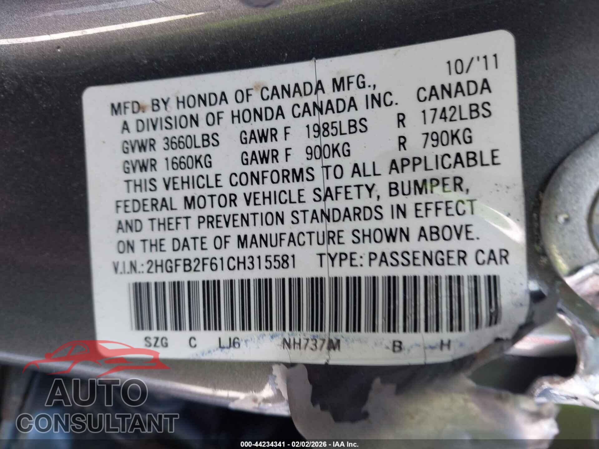 HONDA CIVIC 2012 - 2HGFB2F61CH315581