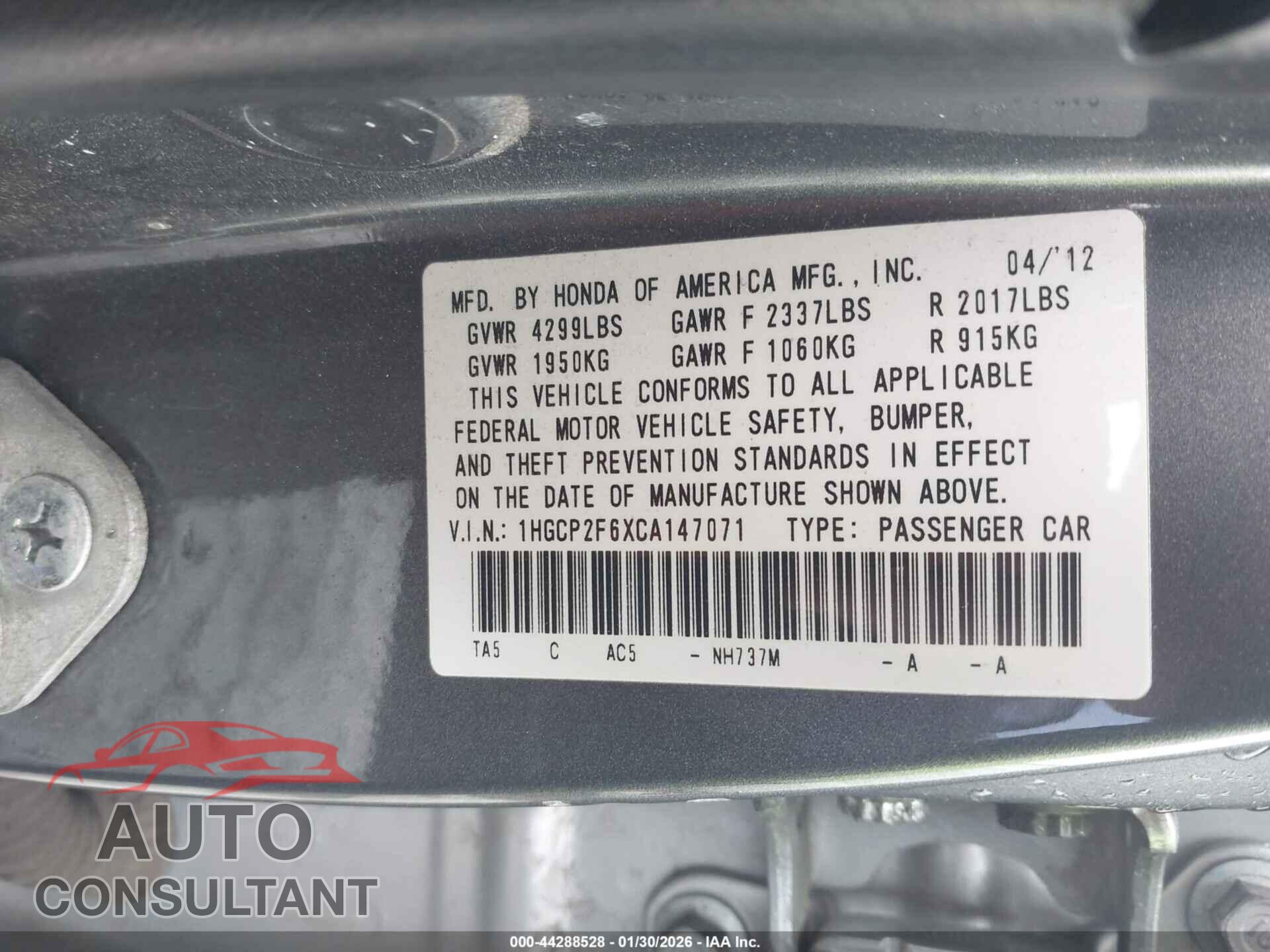 HONDA ACCORD 2012 - 1HGCP2F6XCA147071
