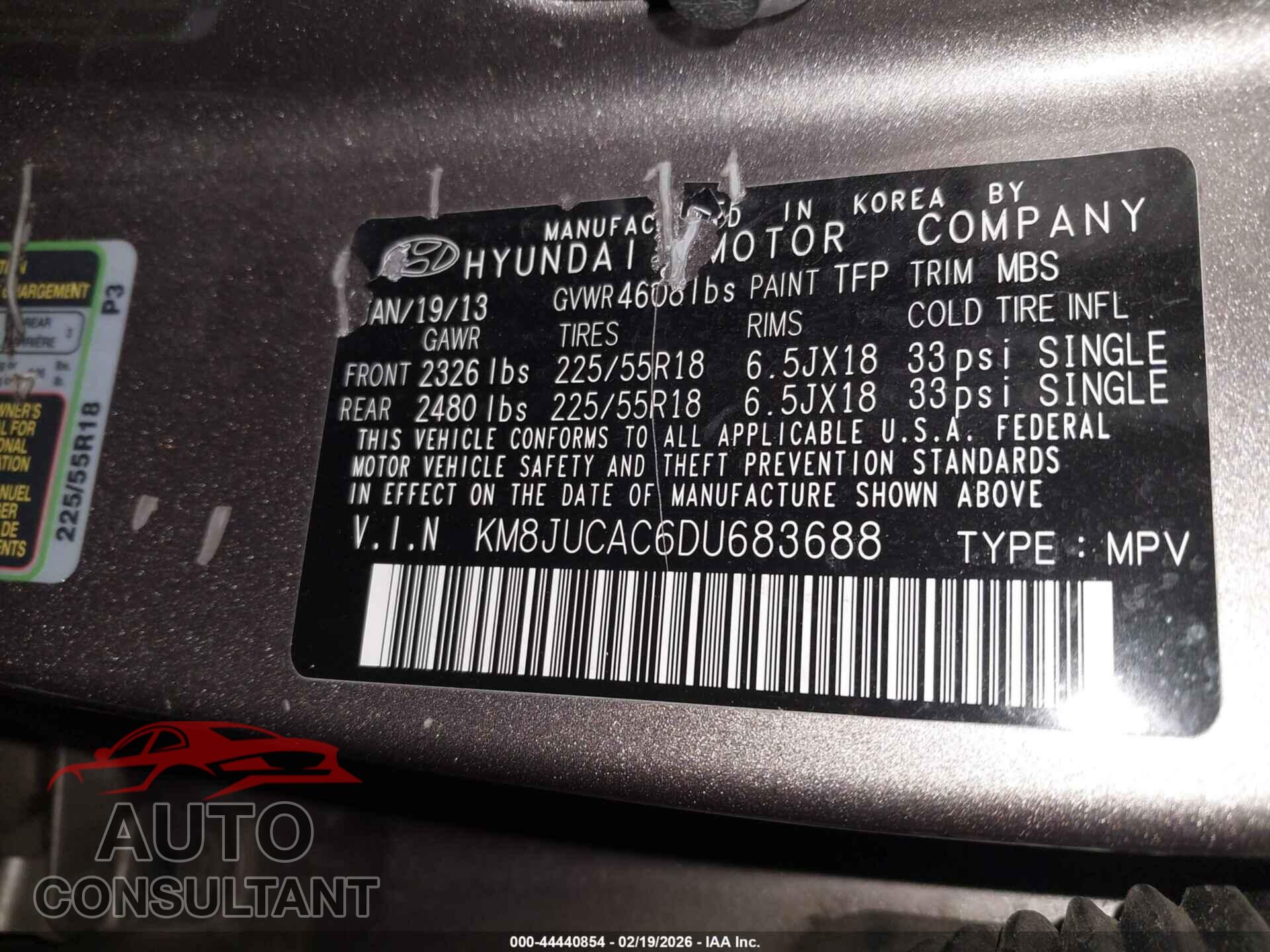 HYUNDAI TUCSON 2013 - KM8JUCAC6DU683688