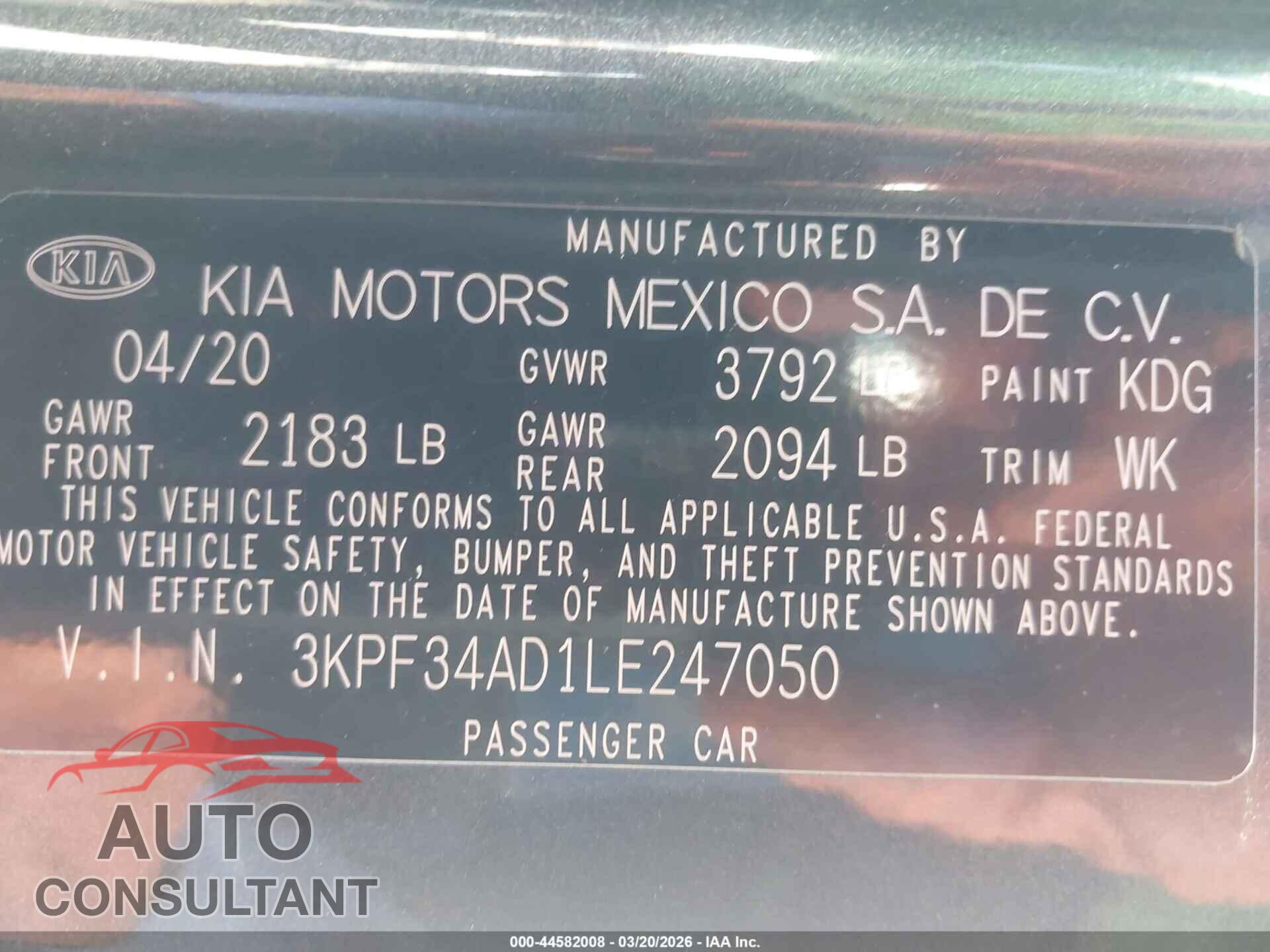 KIA FORTE 2020 - 3KPF34AD1LE247050