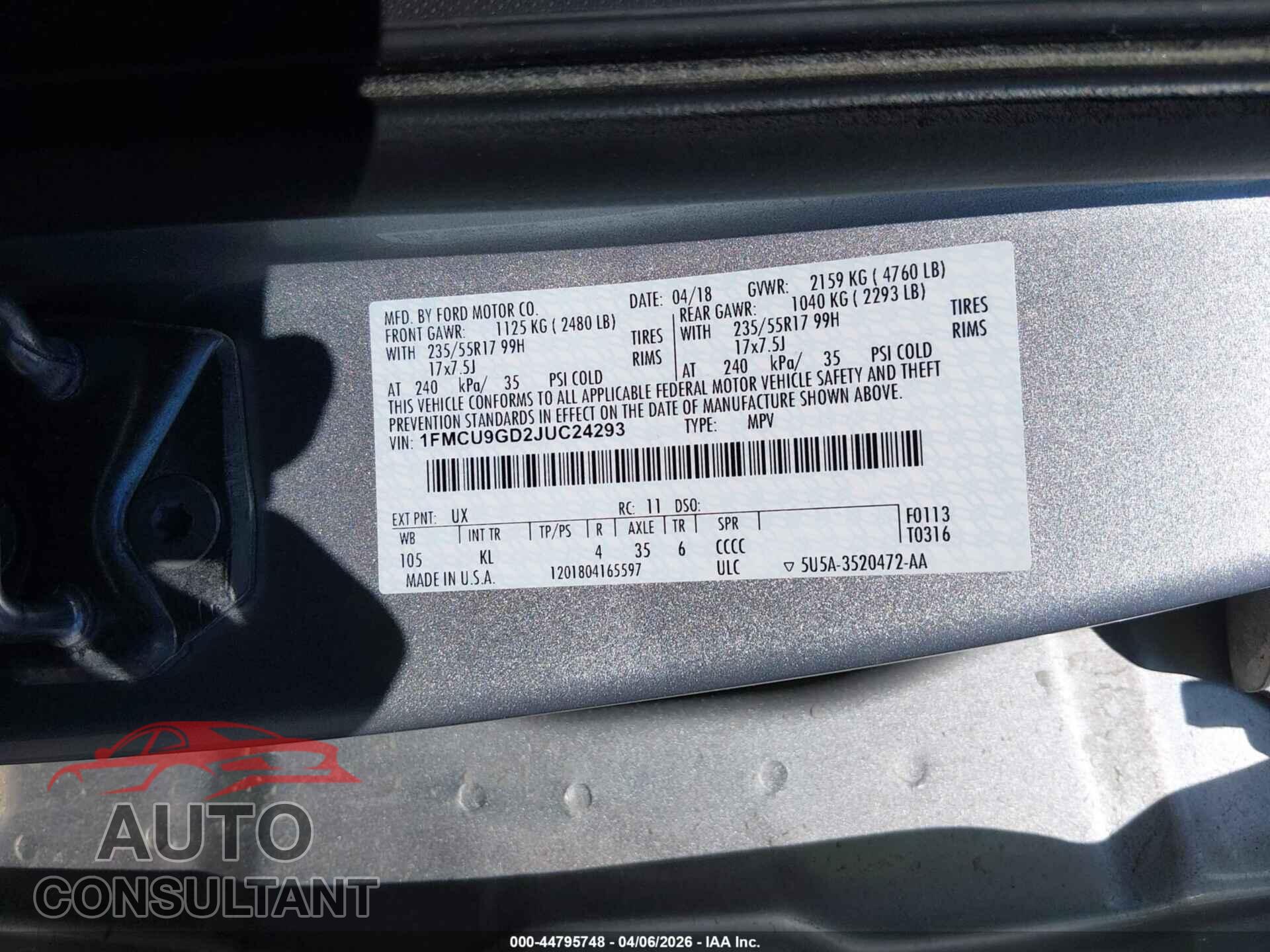 FORD ESCAPE 2018 - 1FMCU9GD2JUC24293