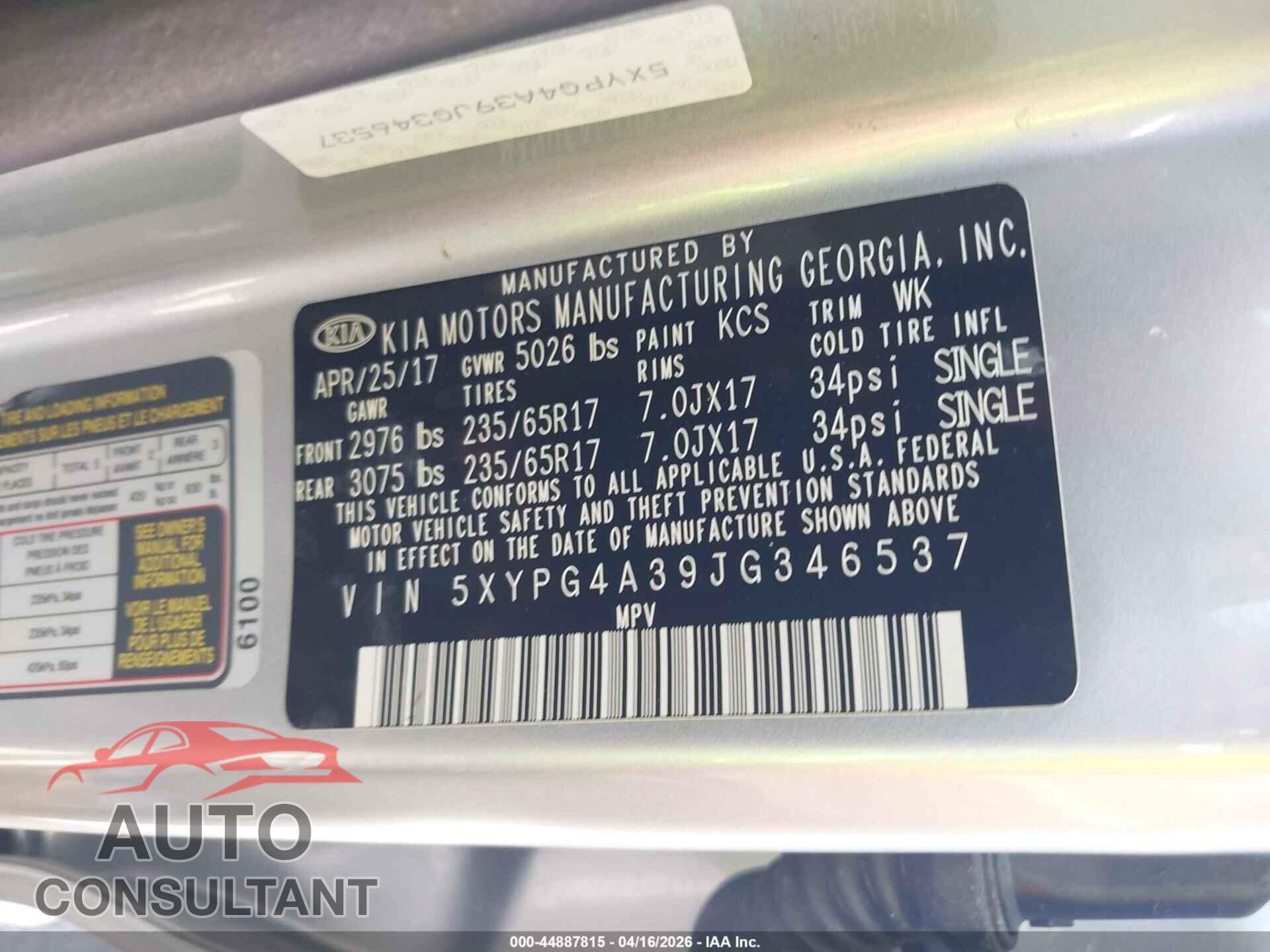 KIA SORENTO 2018 - 5XYPG4A39JG346537