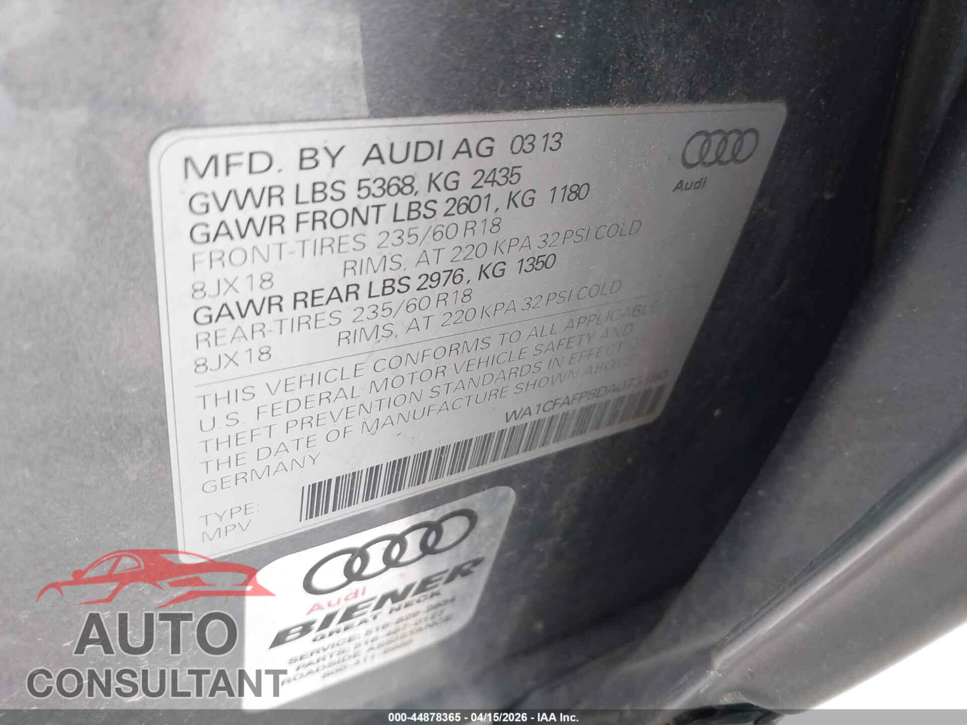 AUDI Q5 2013 - WA1CFAFP8DA073150