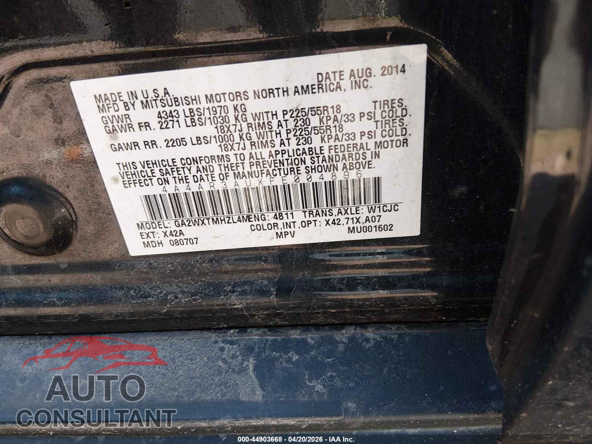 MITSUBISHI OUTLANDER SPORT 2015 - 4A4AR3AUXFE004896