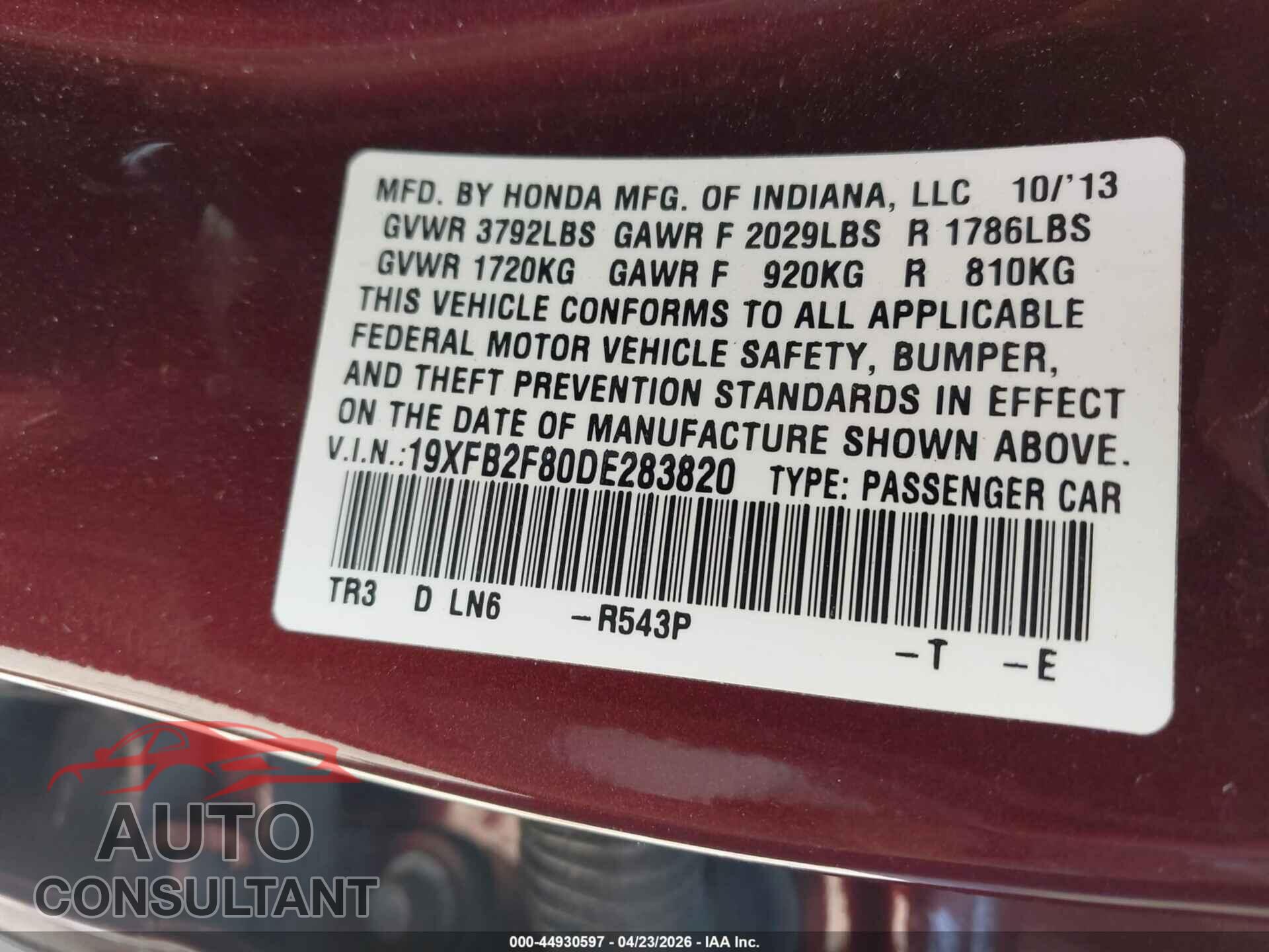 HONDA CIVIC 2013 - 19XFB2F80DE283820
