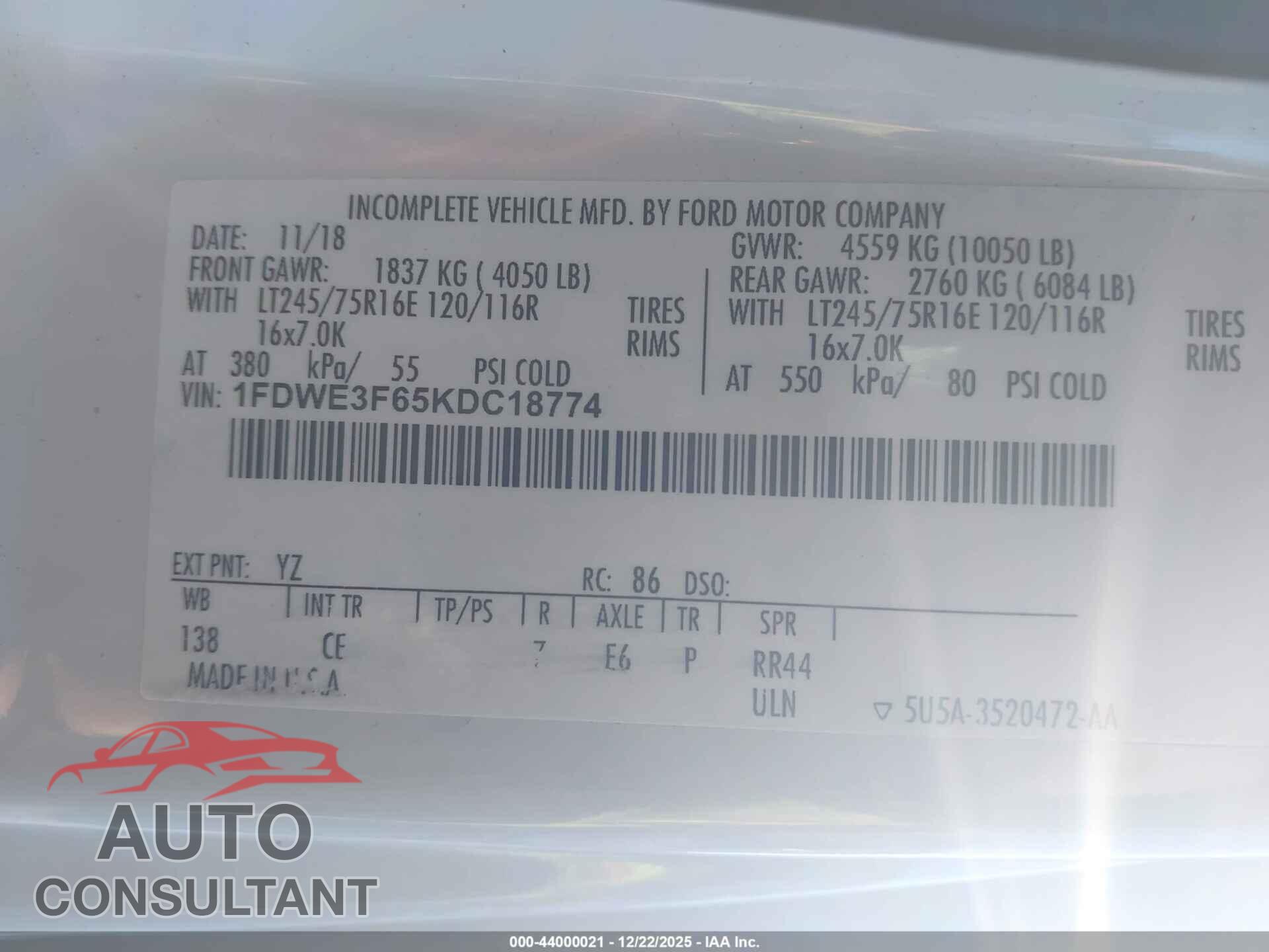 FORD E-350 CUTAWAY 2019 - 1FDWE3F65KDC18774