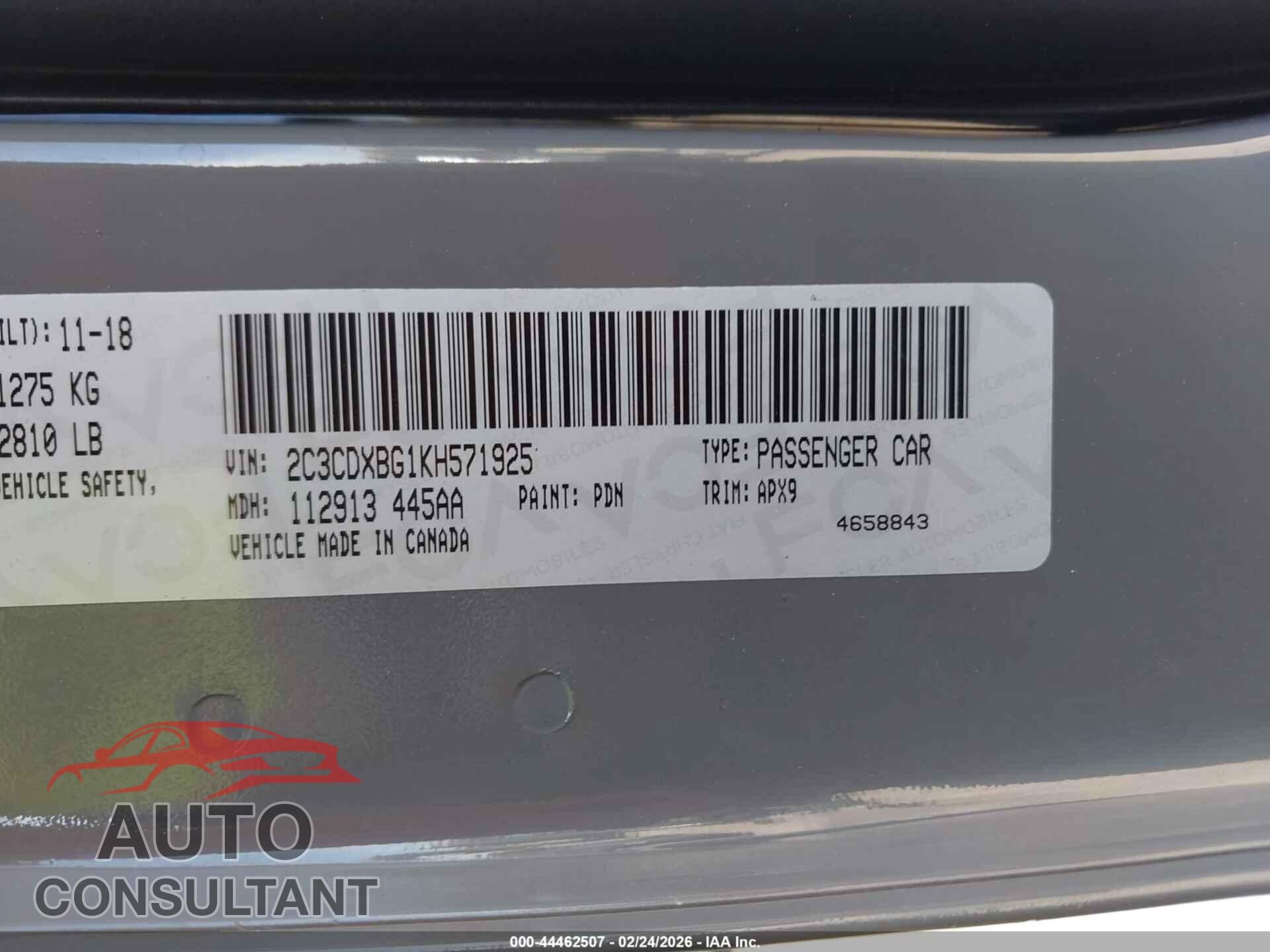 DODGE CHARGER 2019 - 2C3CDXBG1KH571925