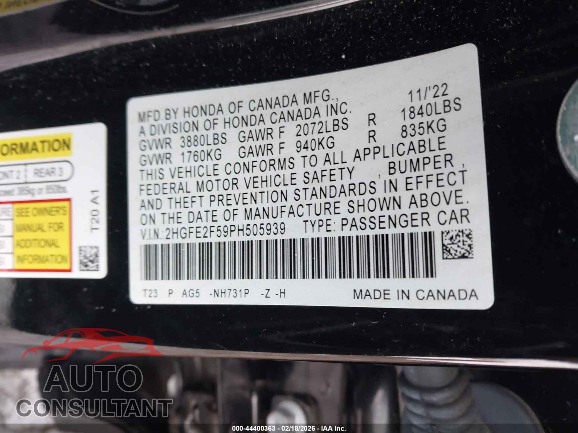 HONDA CIVIC 2023 - 2HGFE2F59PH505939
