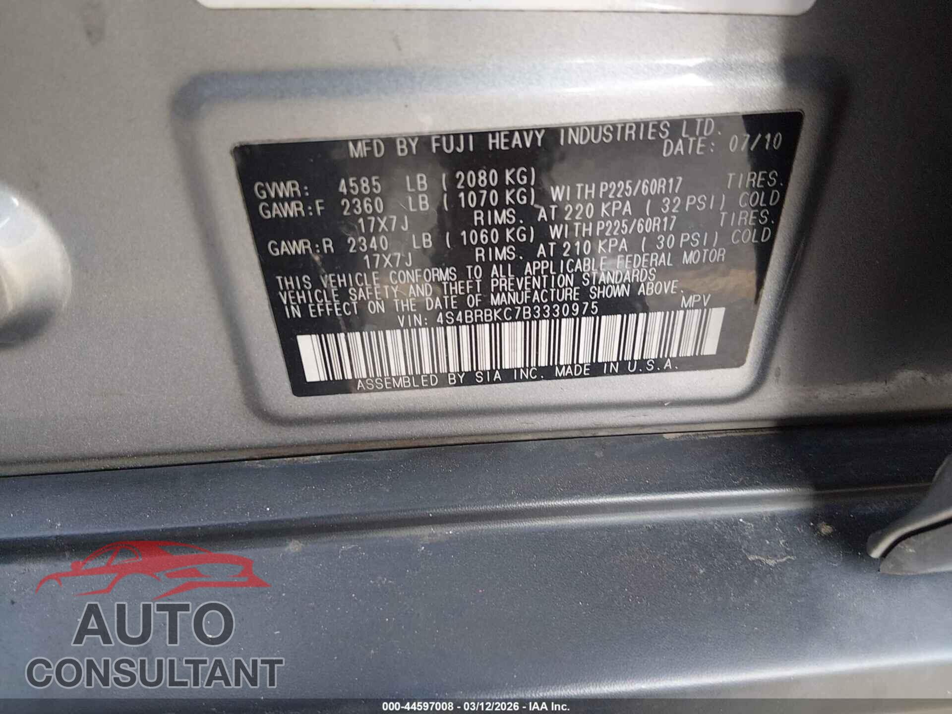 SUBARU OUTBACK 2011 - 4S4BRBKC7B3330975