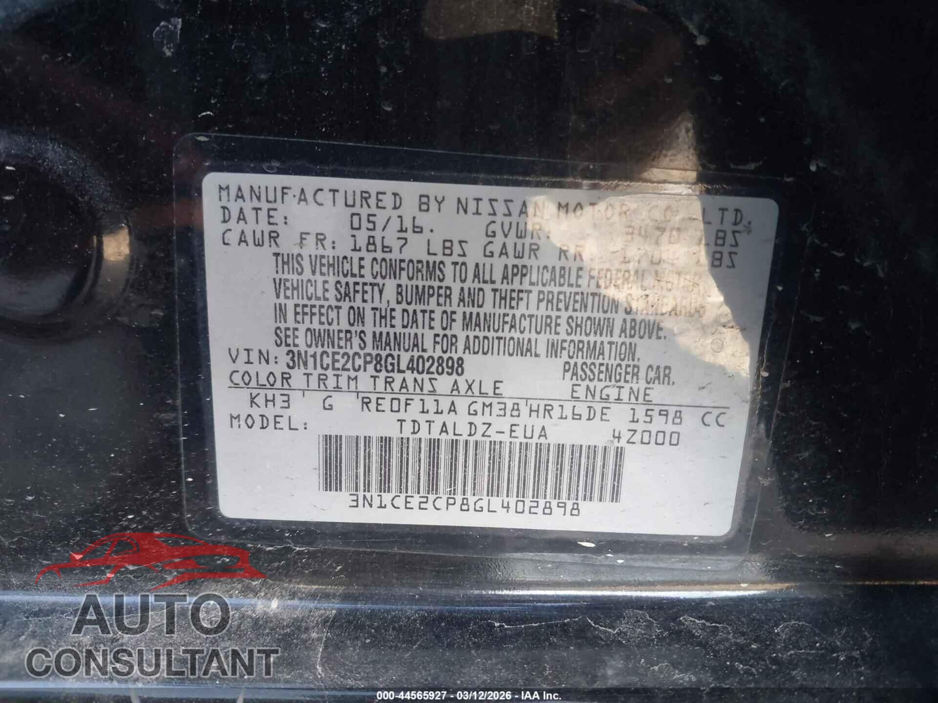 NISSAN VERSA NOTE 2016 - 3N1CE2CP8GL402898