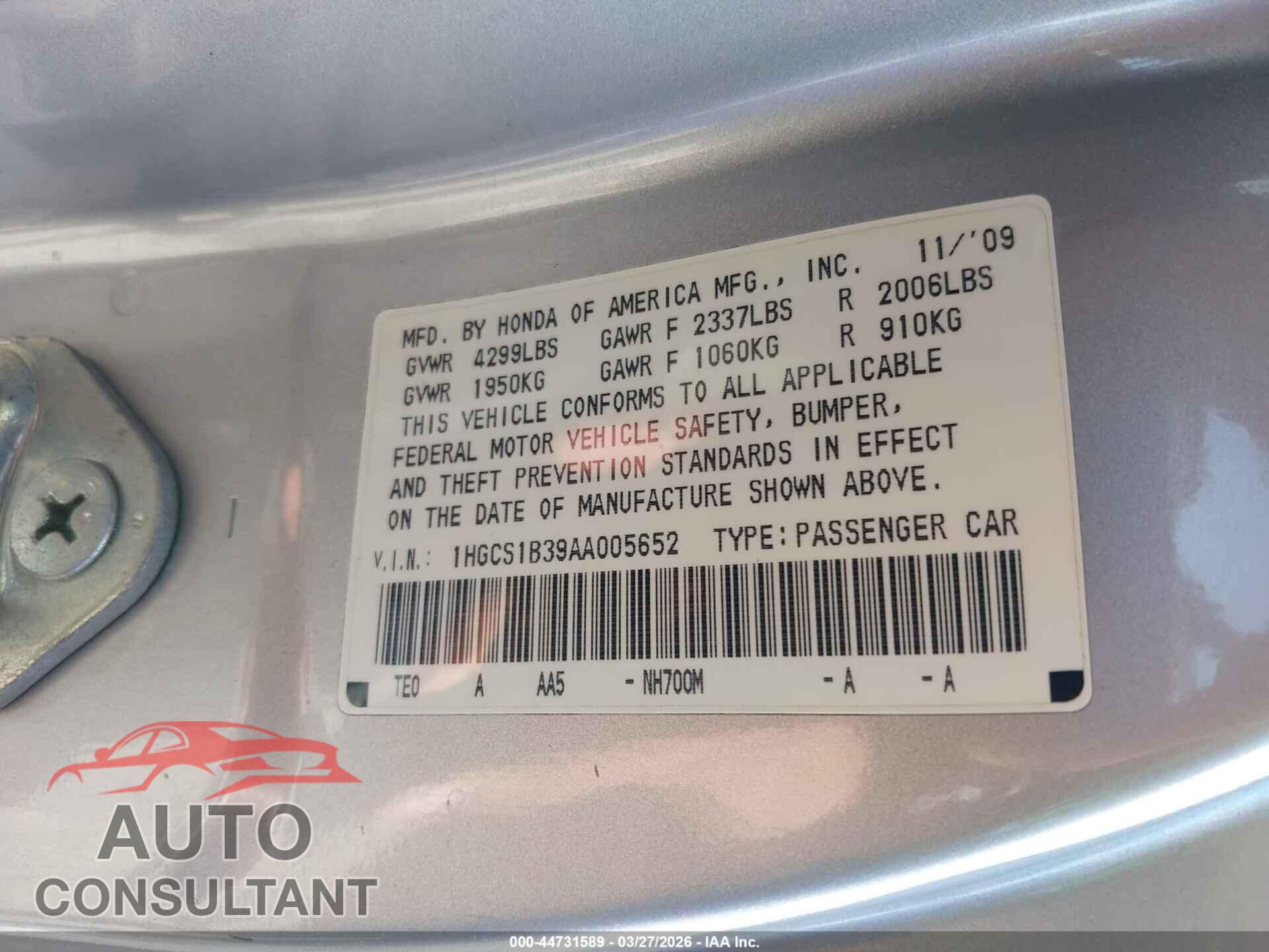 HONDA ACCORD 2010 - 1HGCS1B39AA005652