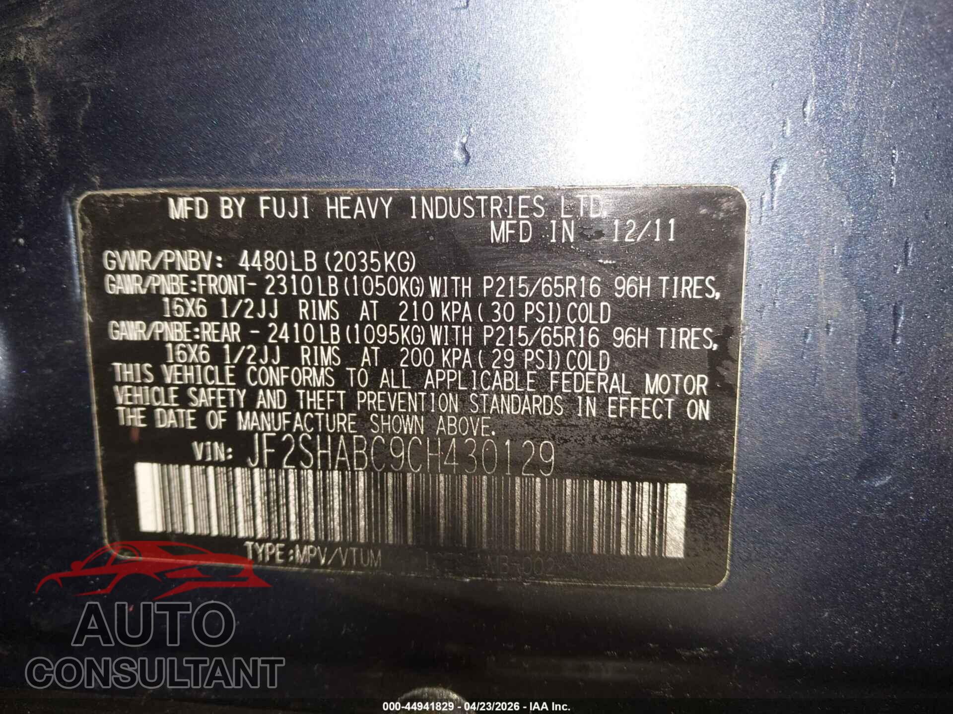 SUBARU FORESTER 2012 - JF2SHABC9CH430129