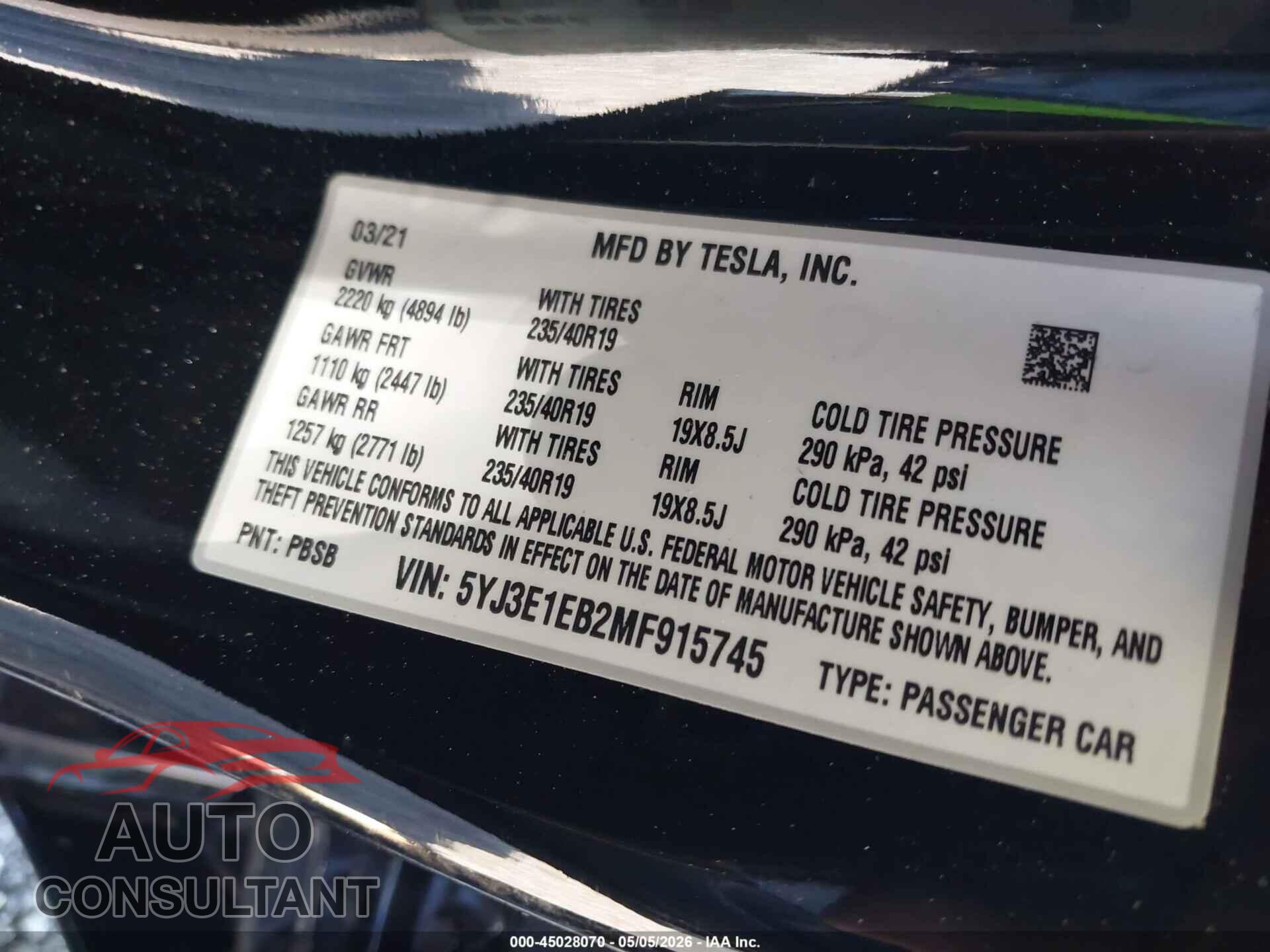 TESLA MODEL 3 2021 - 5YJ3E1EB2MF915745